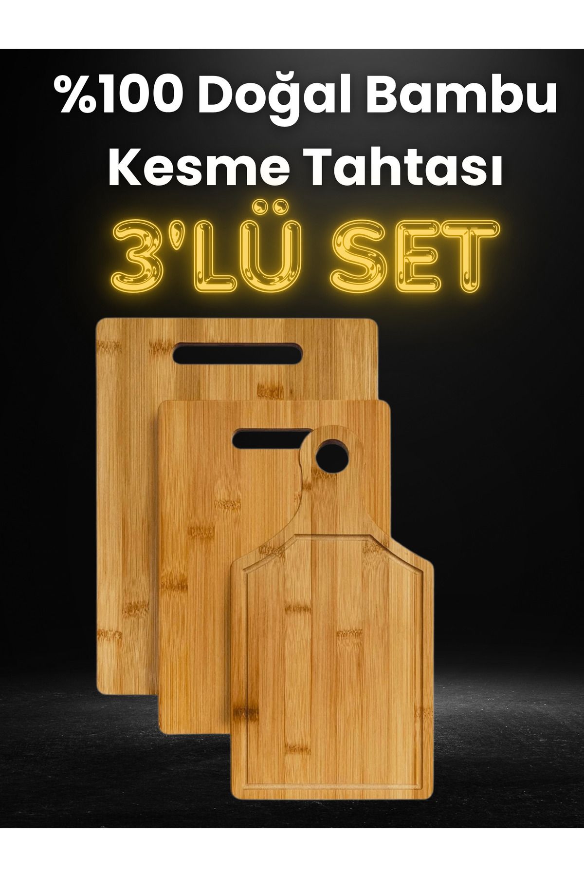 BERYA HOME 3lü Bambu Saplı Kesme Tahtası, Saplı Doğrama Tahtası, Bambu Kesim Panosu, Saplı Kesim Panosu, 3lü