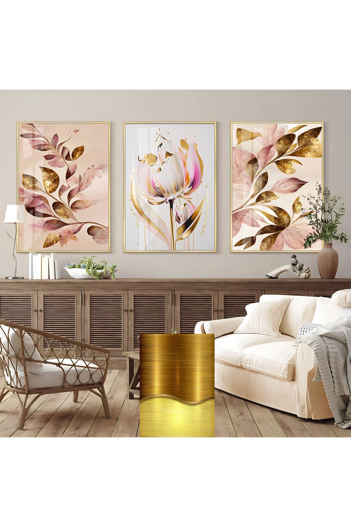Harikabirev HARİKABİREV| PEMBE GOLD GÜL KOMBİN (ROSE) |ÇERÇEVELİ CAM TABLO 3LÜ DİKEY