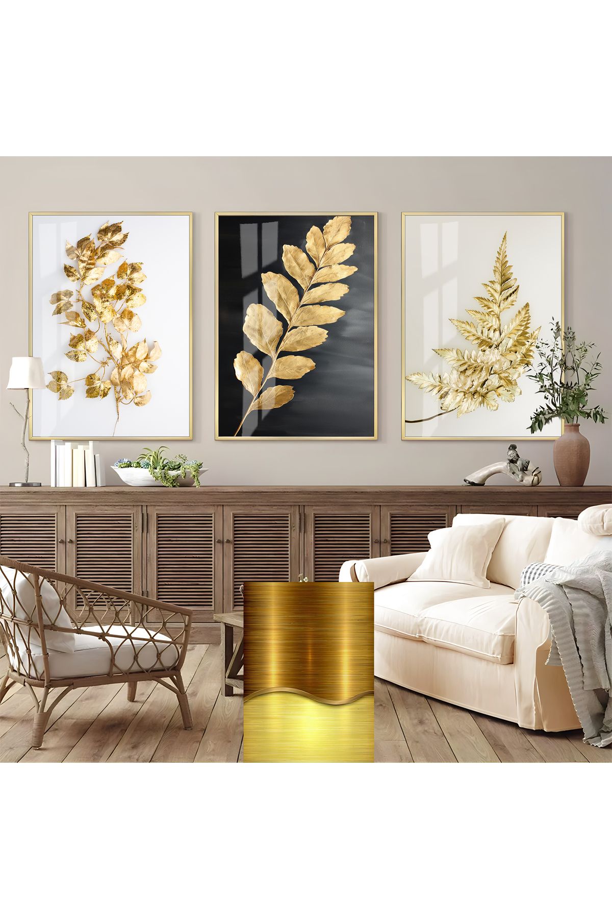 Harikabirev HARİKABİREV|GOLD YAPRAKLI KOMBİNİ (FROND)|ÇERÇEVELİ CAM TABLO 3LÜ DİKEY