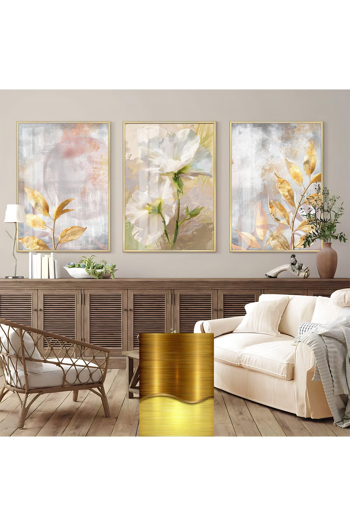 Harikabirev HARİKABİREV|GOLD DETAYLI ABSTRACT BEYAZ ÇİÇEK KOMBİNİ |ÇERÇEVELİ CAM TABLO 3LÜ DİKEY