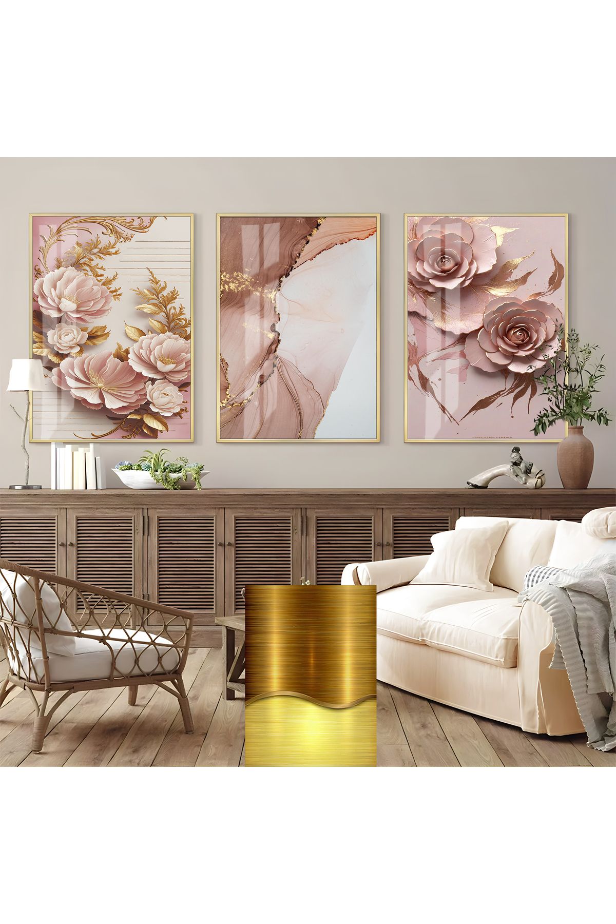 Harikabirev HARİKABİREV|PEMBE GOLD SOFT GÜL SOYUT KOMBİNİ |ÇERÇEVELİ CAM TABLO 3LÜ DİKEY