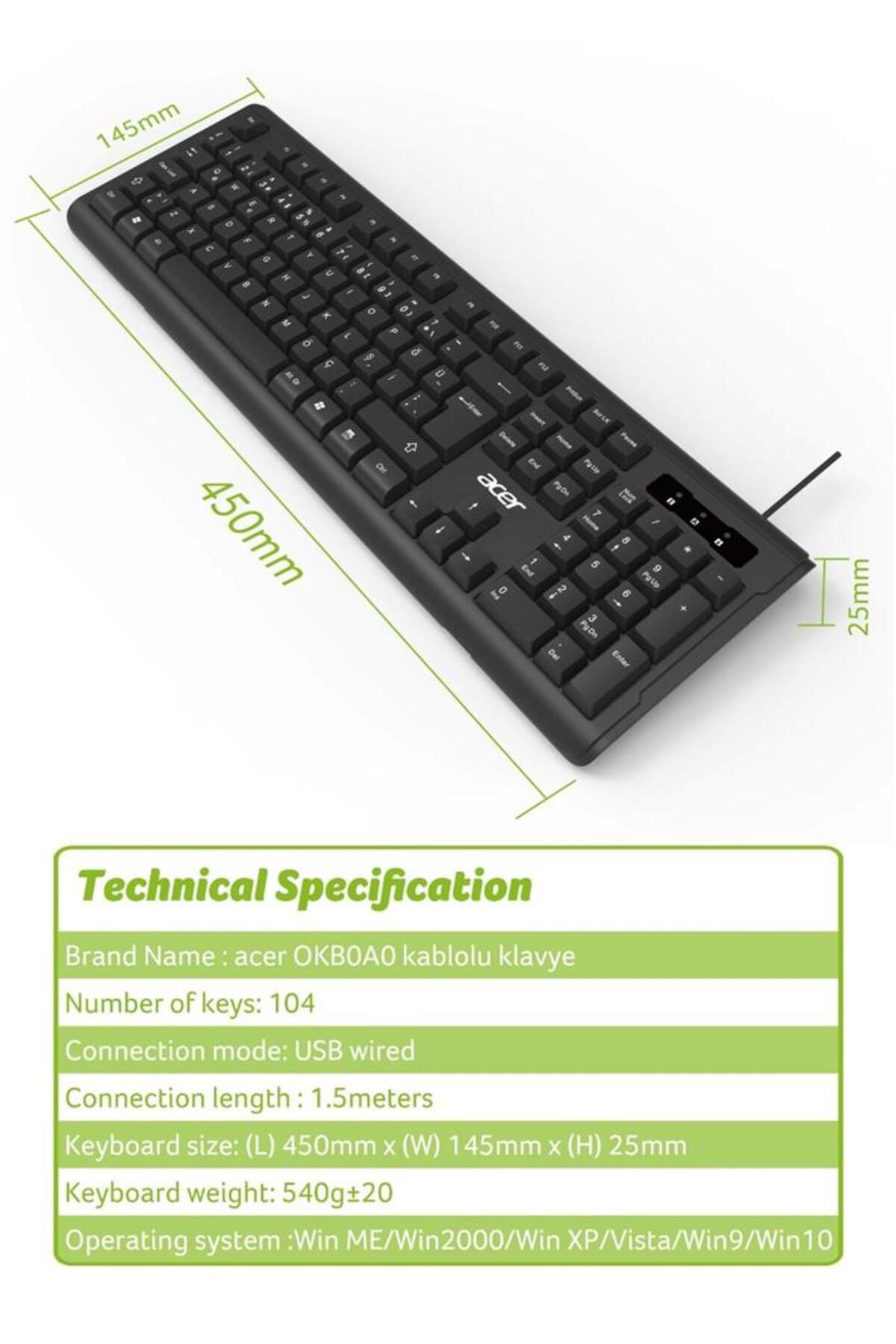 Vobotek Teknoloji Acer OAK-0A0 Siyah Kablolu Sessiz Tuşlu Klavye (Caps Lock) (Kablo Uzunluğu 1.50Cm) Caps Lock