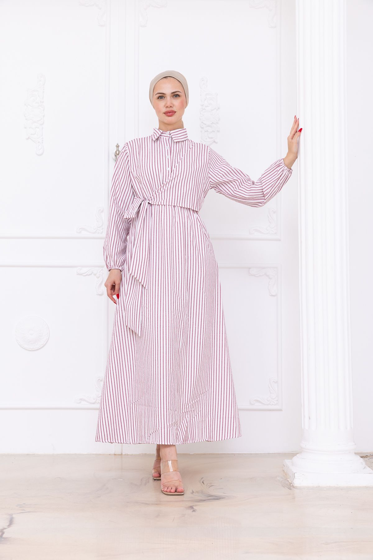 SiSorti Moda Çizgili Kuşak Detaylı Tesettür Gömlek Elbise