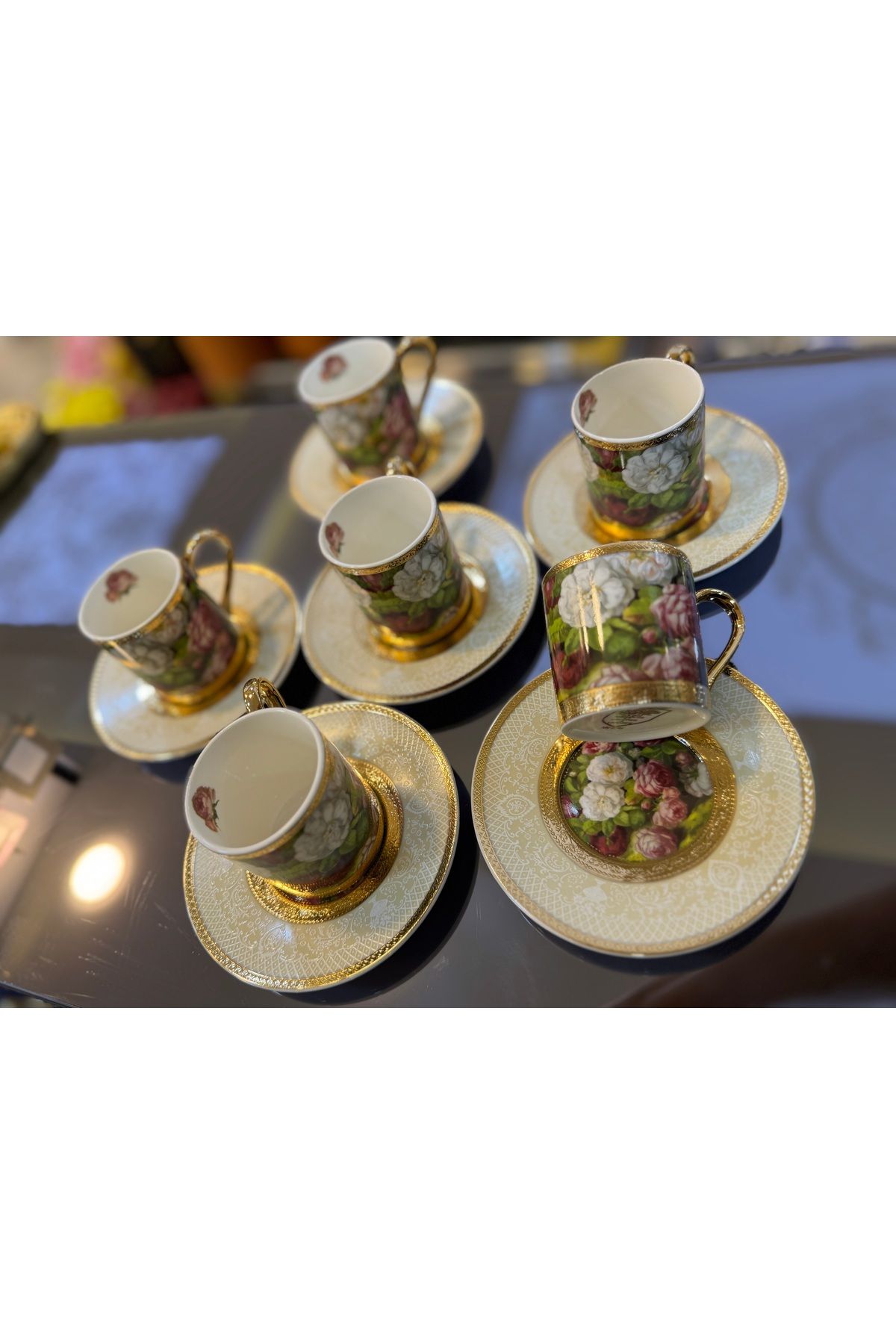 hediye ESTERHOMEDECOR 6 Kişilik çiçekli porselen kahve fincan takımı