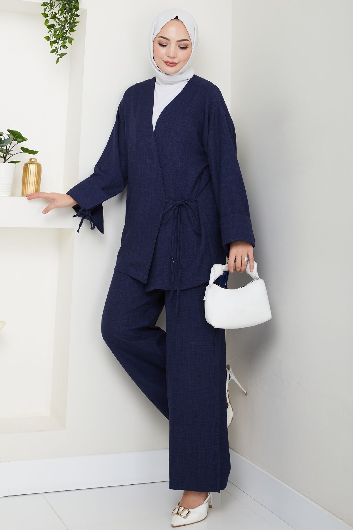 InStyle Keten Kimono İkili Koyu Lacivert Takım