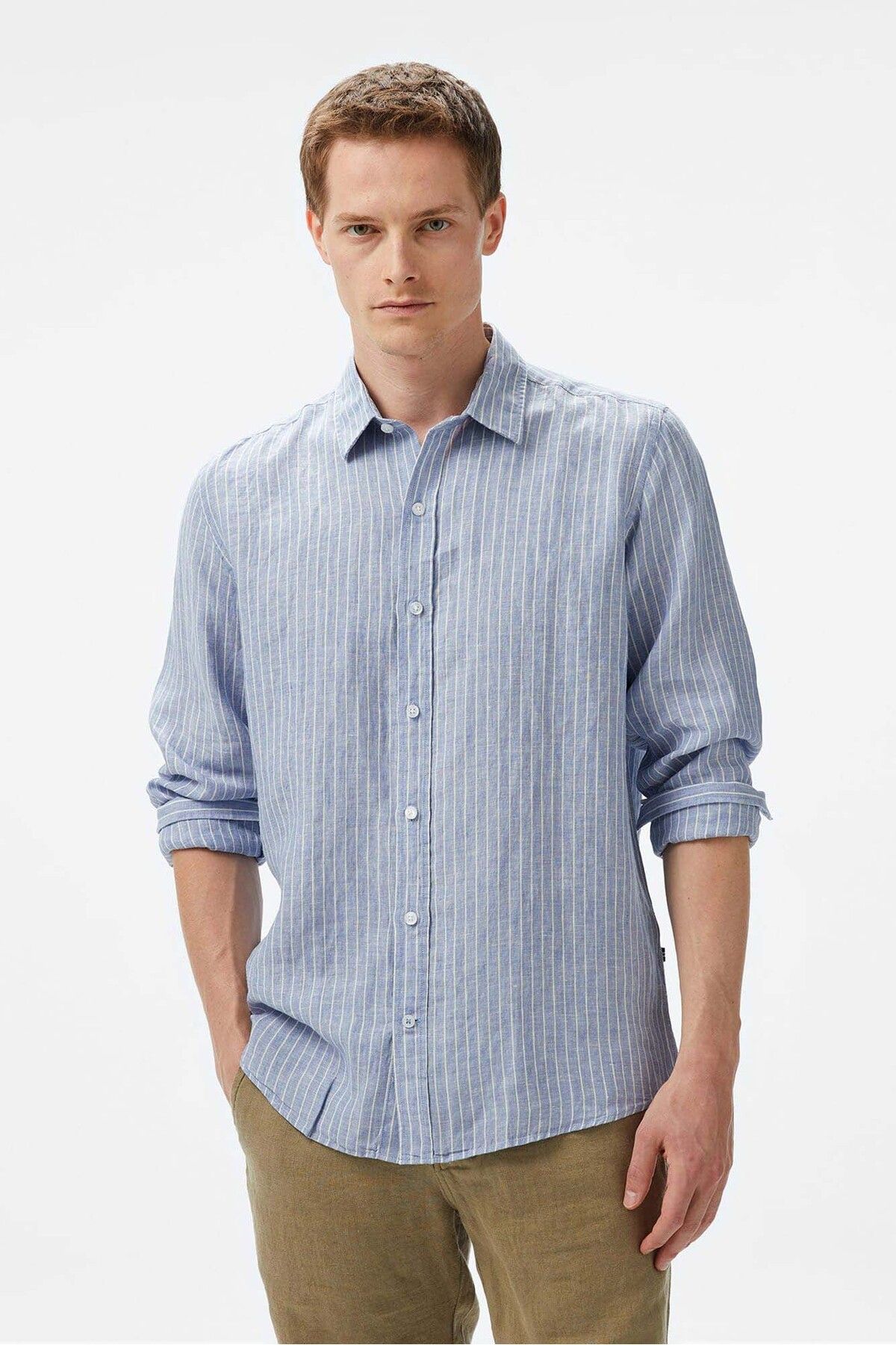 Nautica Erkek Classic Fit Çizgili Keten Gömlek - Mavi