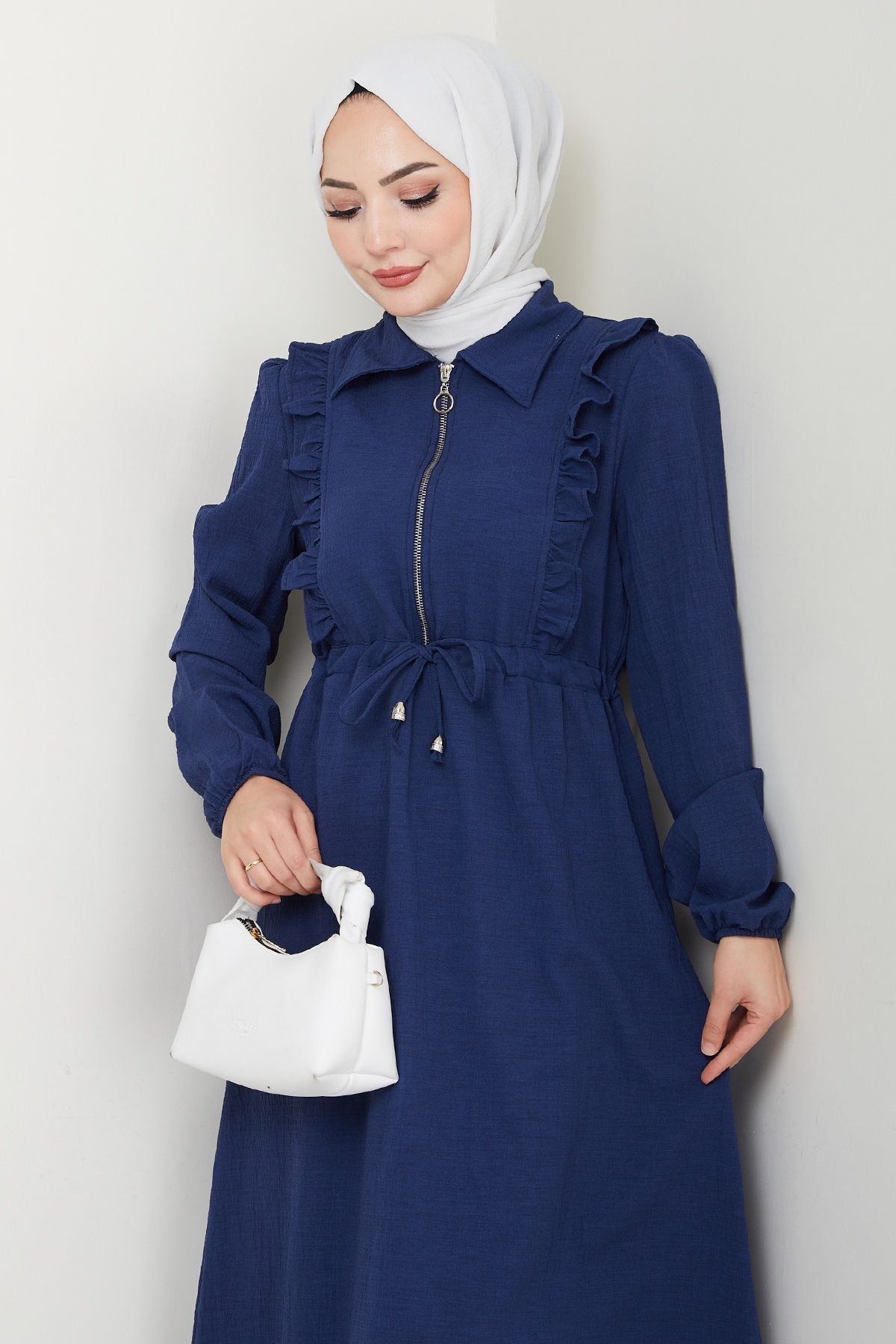 InStyle-Navy Blue Dress with Zipper Ruffle Detail 4