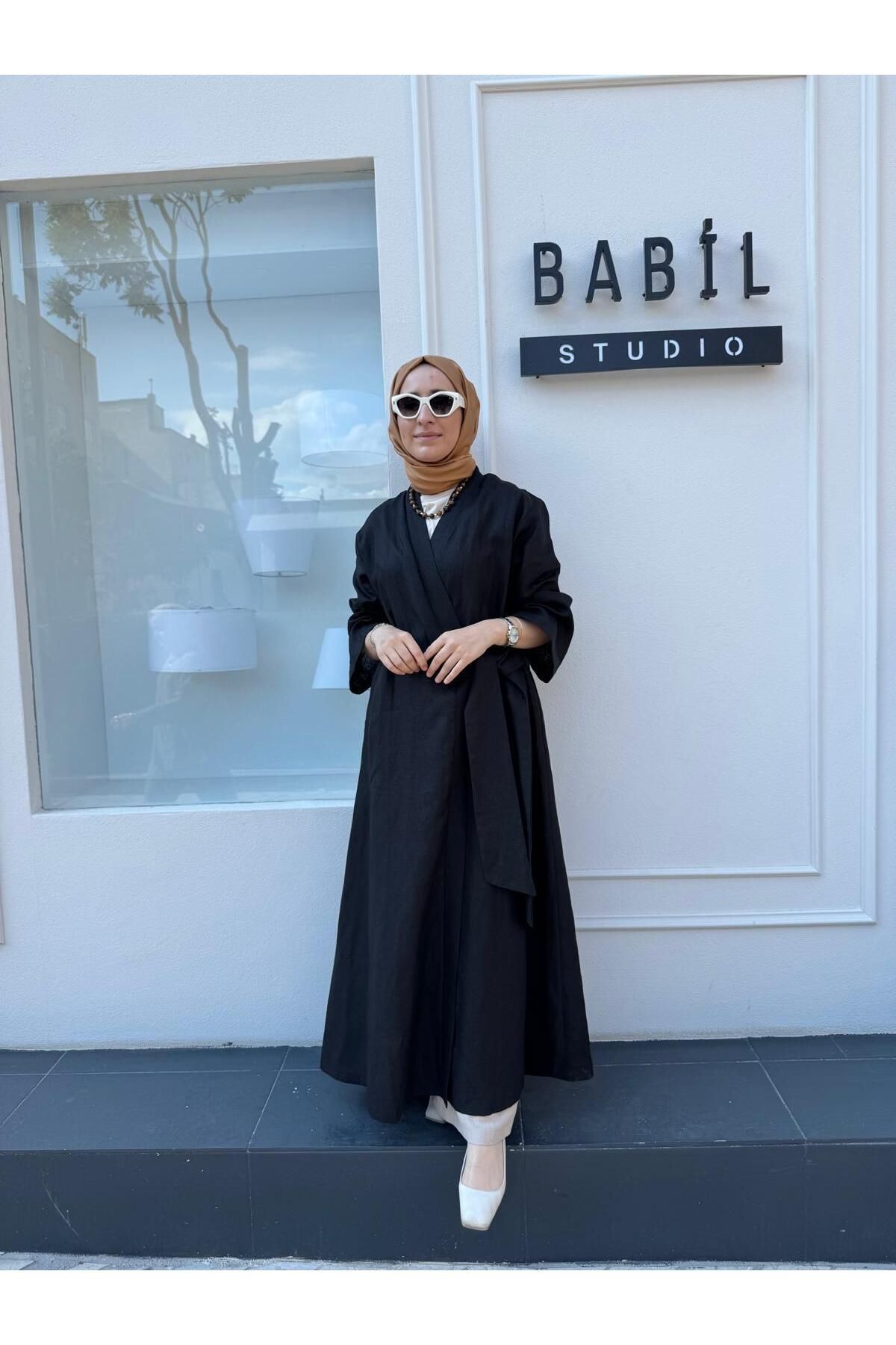 QOOQ STORE 25SS620 Bağlamalı Keten Kadın Kimono Siyah