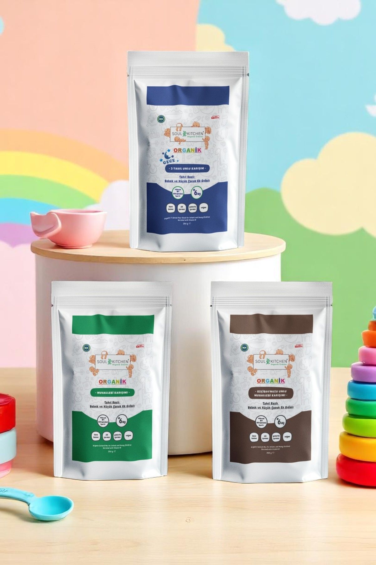 Soul Kitchen Organik Ürünler Organik Tahıl Bazlı Bebek Ek Gıdası B1 Vitaminli (3x250 g) Avantaj Set Model A