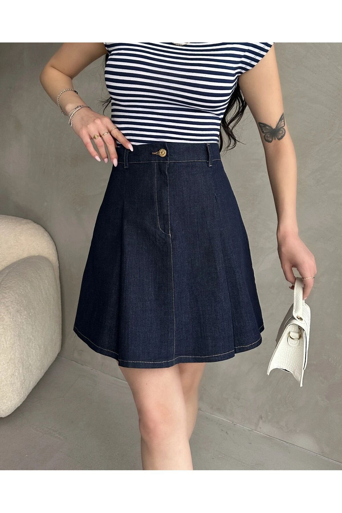 ELLA Yüksek bel pileli denim mini etek