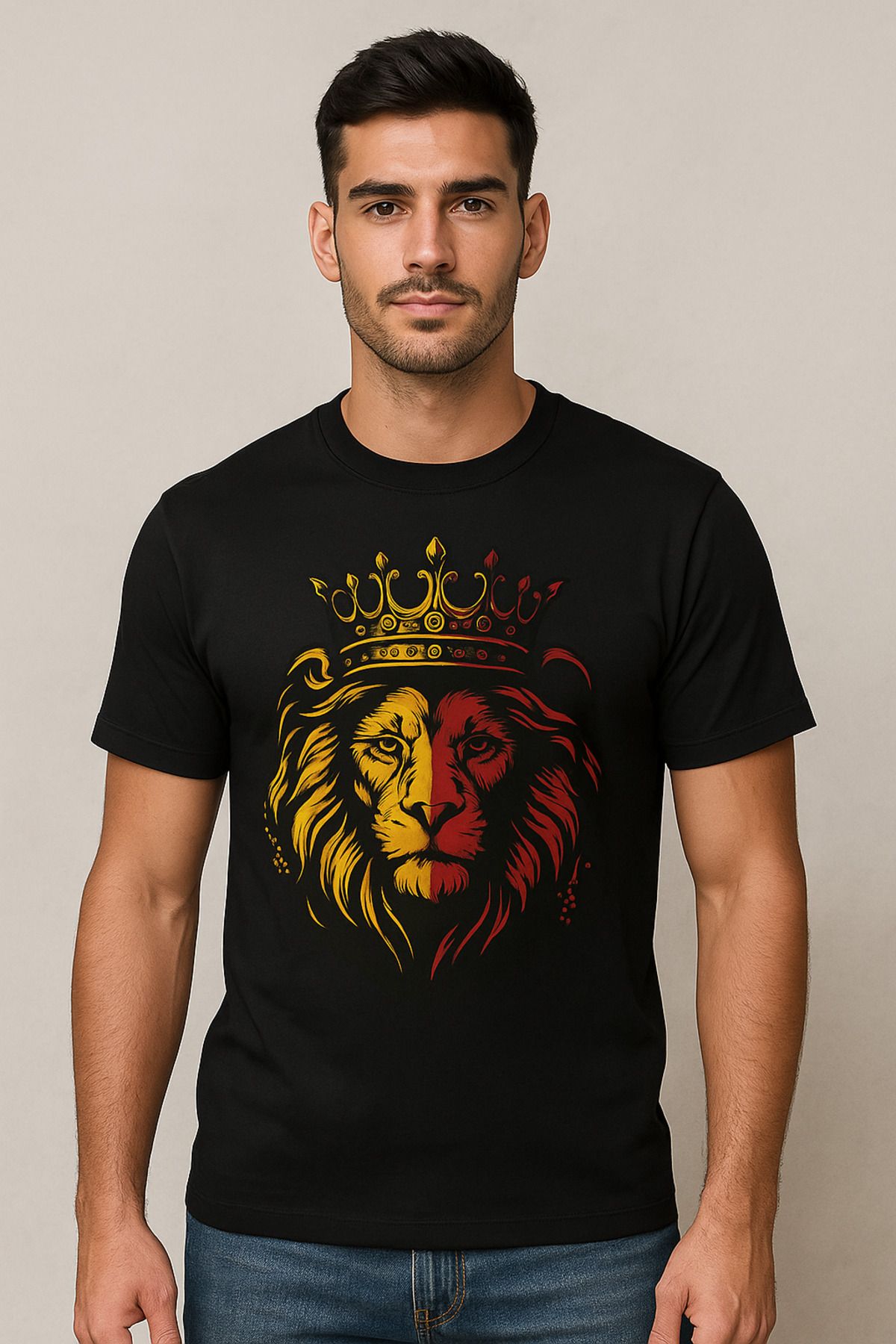 Outdoor One Unisex Siyah Tişört Sarı Kırmızı Aslan Tasarımlı Siyah Oversize Tişört