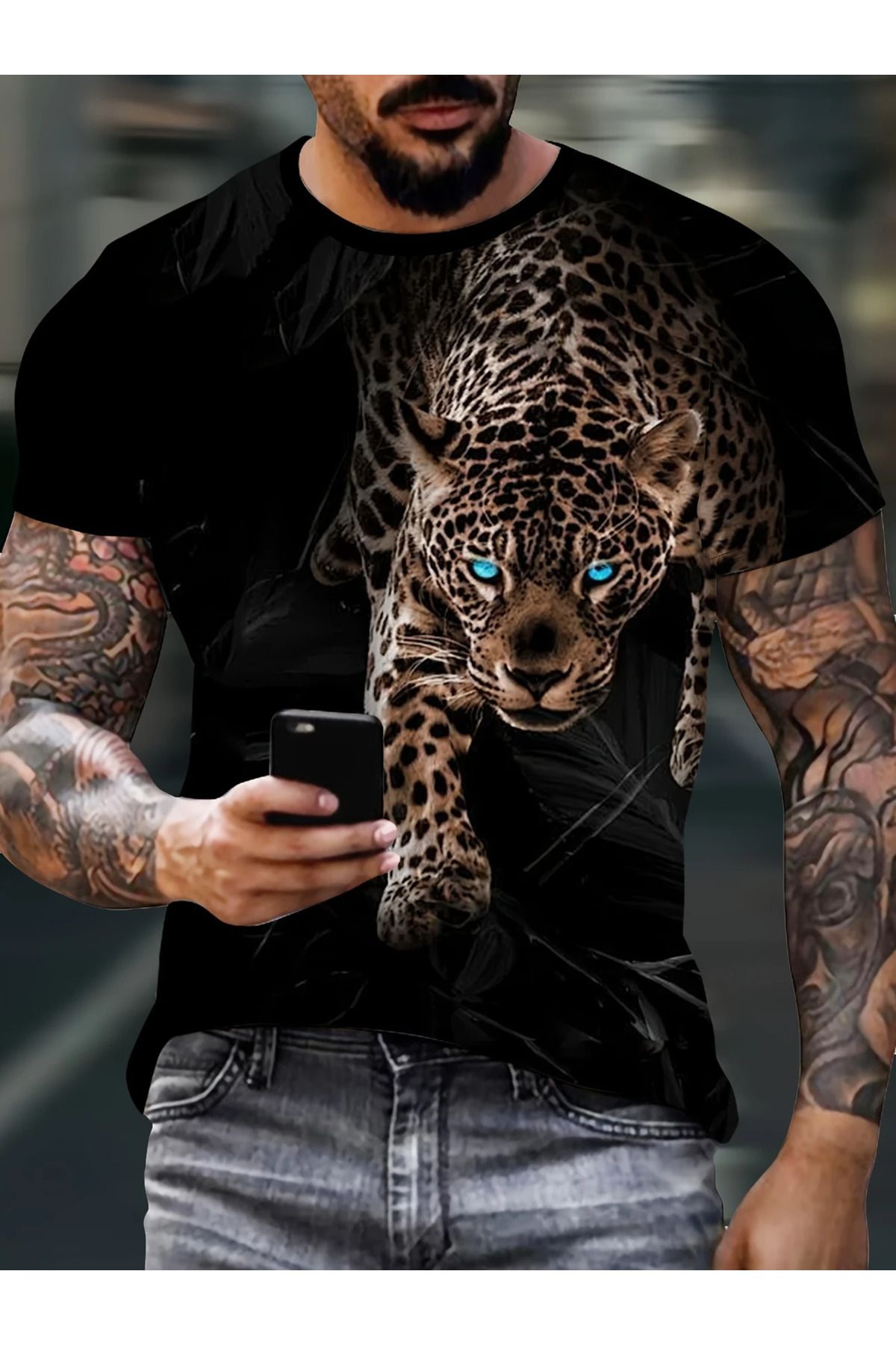 aynewmoda Erkek Mavi Gözler Leopar Desenli Tişört - Günlük Yuvarlak Yaka Kısa Kollu Tişört