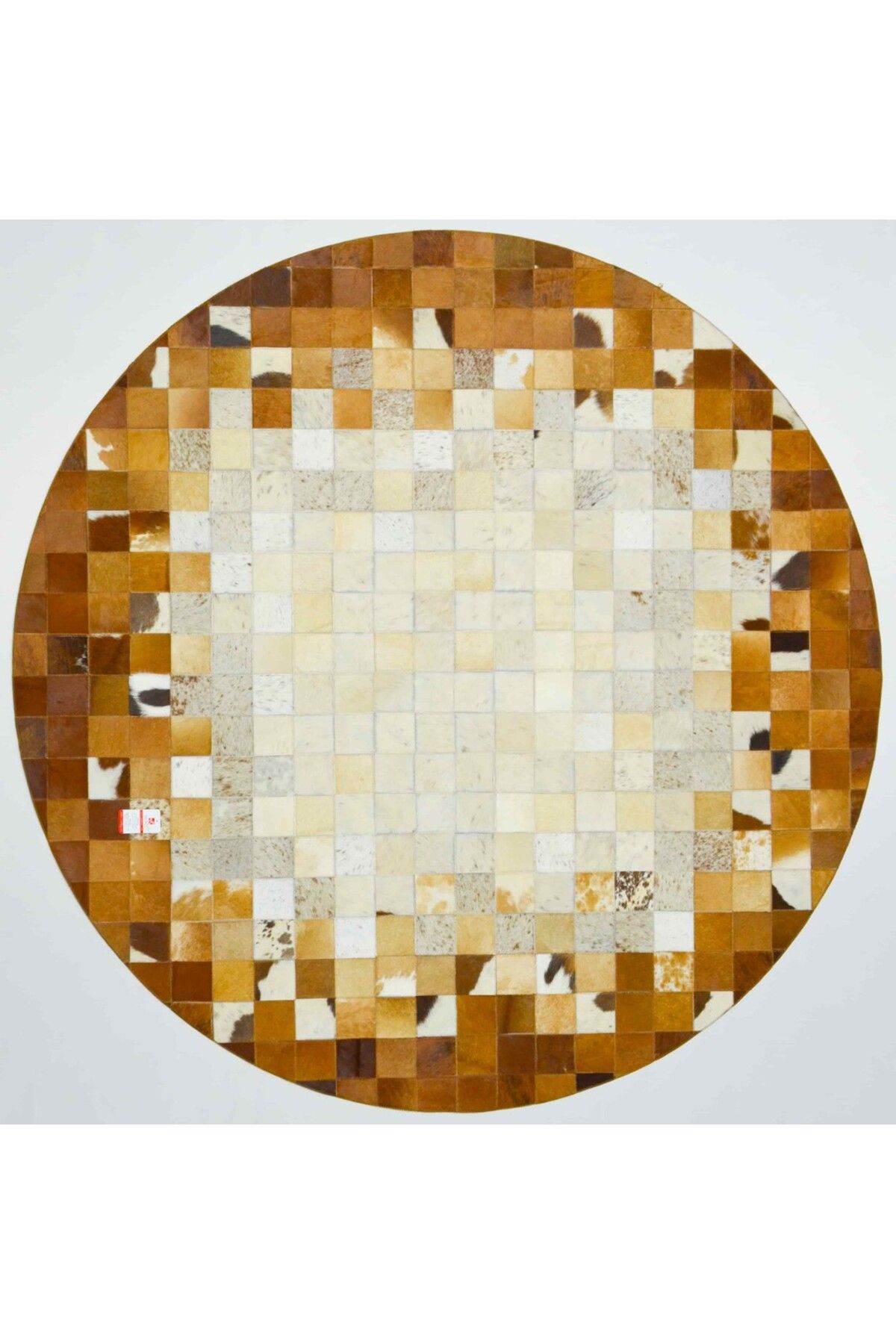Handmade Krem ve Kahverengi Yuvarlak Deri Patchwork Halı 150x150 cm (2,25 m²)