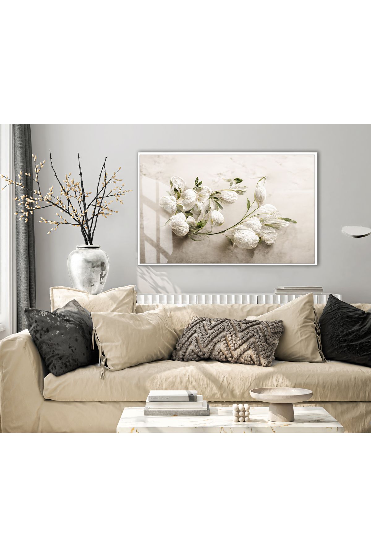 Harikabirev HARİKABİREV|WHITE| ÇİÇEK MODELİ (FLORAL)|ÇERÇEVELİ TEMPERLİ CAM TABLO TEKLİ YATAY