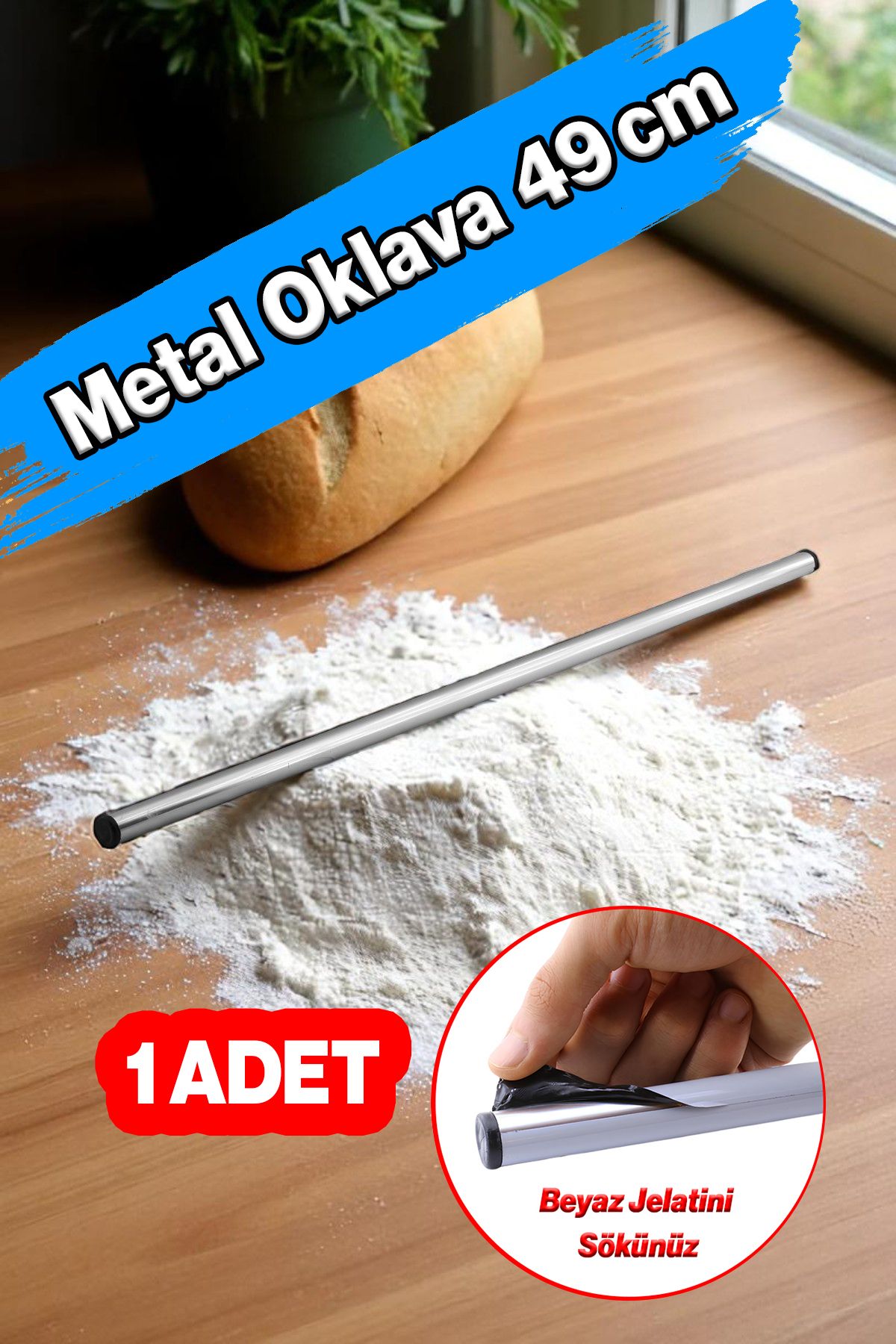 Badem10 Alüminyum Metal Oklava ( 1 Adet ) 49 cm Mutfak Börek Hamur Un Yufka Açma Silindir Yuvarlak Krom Renk