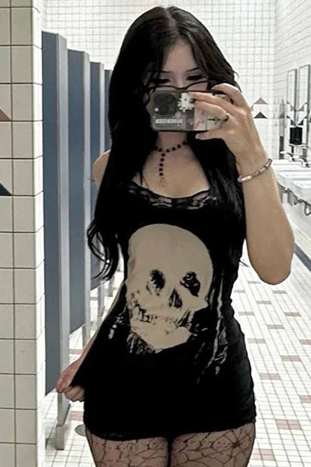 Karakedi Gothic Punk Skull Siyah Mini Askılı Elbise