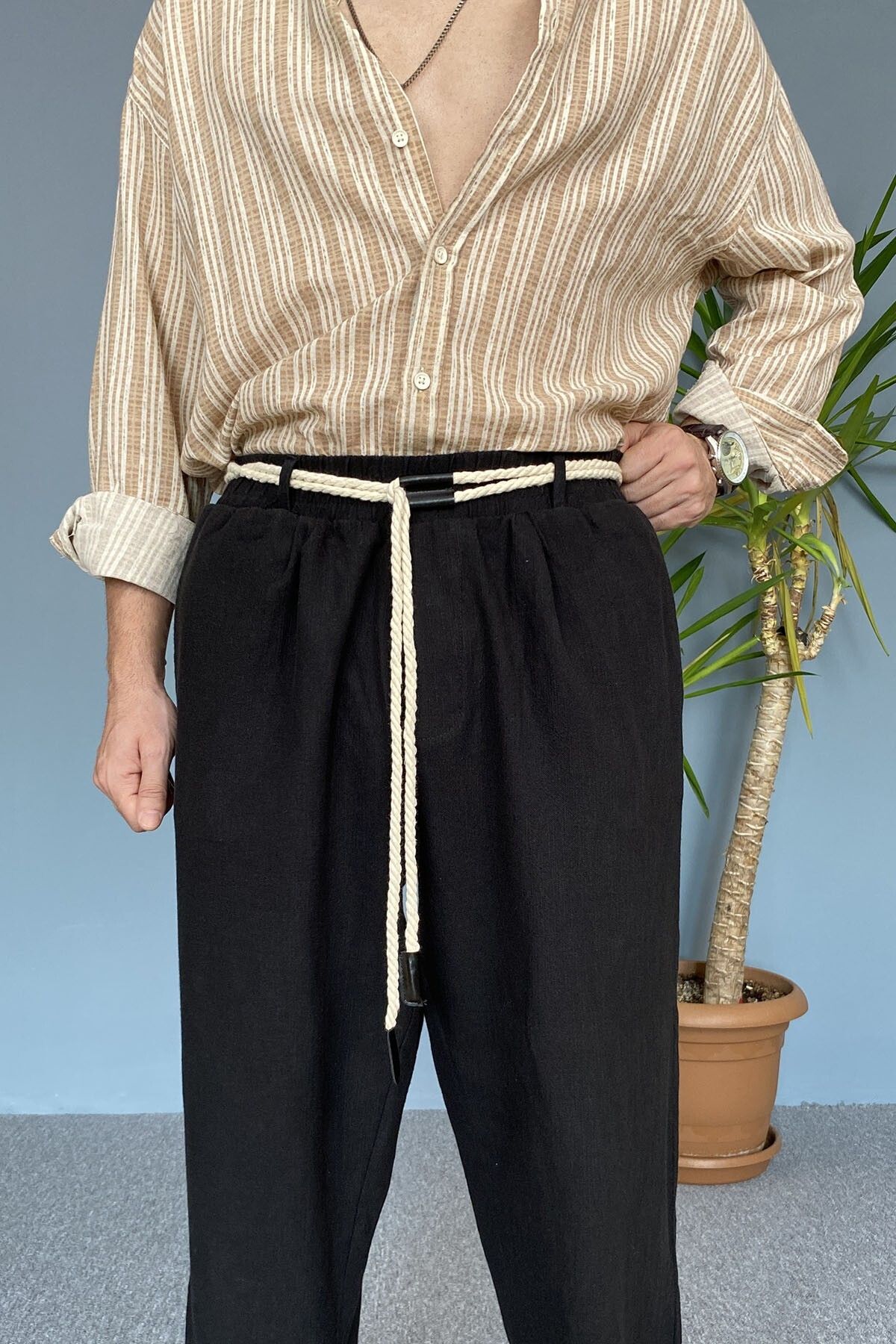 Alışveriş Sokağı Rahat Kesim Keten Kumaş Bağcıklı Baggy Pantolon
