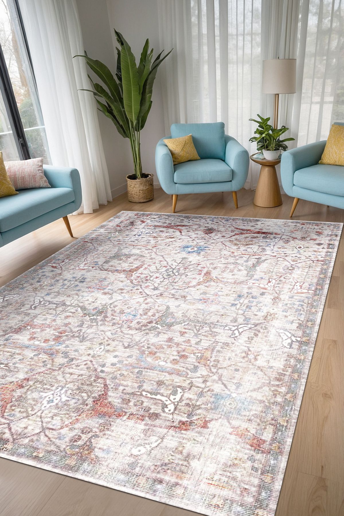 AIDA HOME Seguro Vintage Desenli Pamuk Tabanlı Yıkanabilen Kaydırmaz Antibakteriyel Şönil Salon Halısı