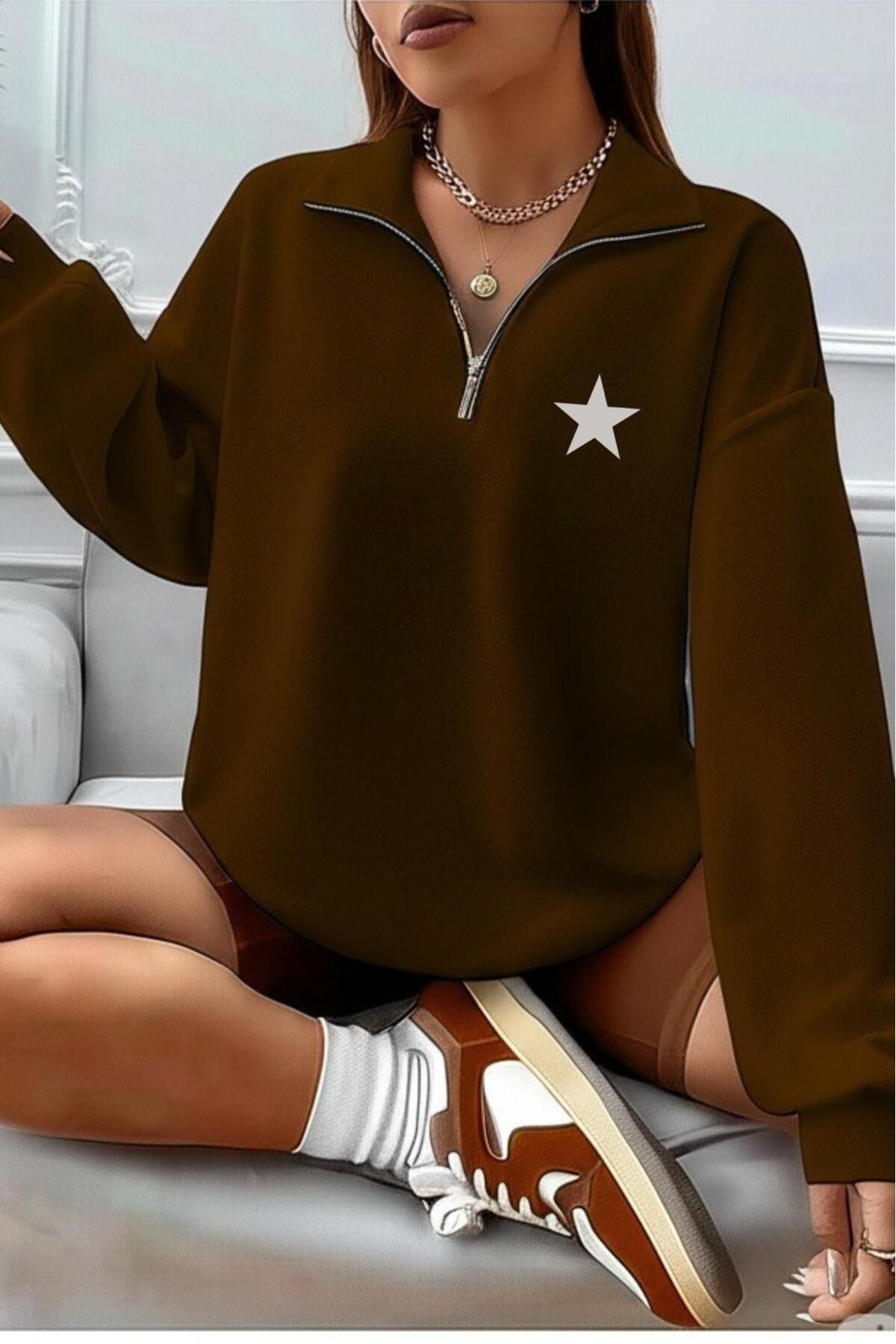 NO 601 Kadın Yarım Fermuarlı Dik Yaka Kırmızı Kalp Baskılı Sweatshirt