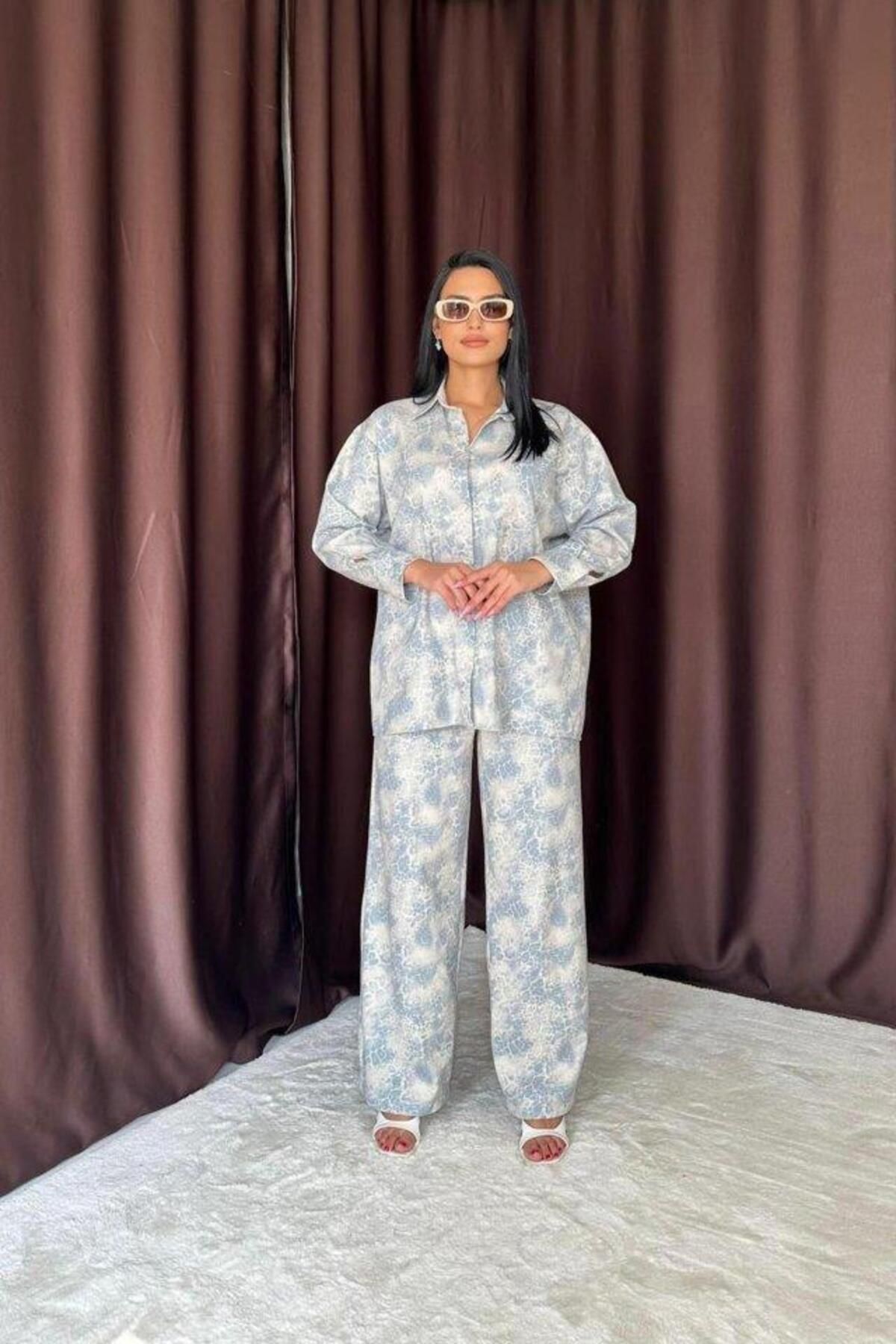 MAREANDPANDA Mavi Leopar Desenli Ceket Ve Pantolon Keten Takım