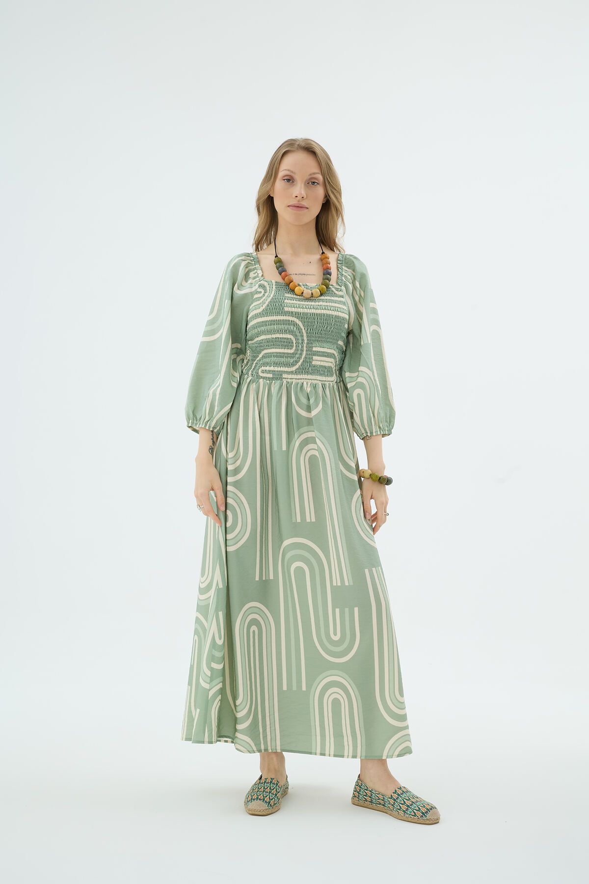 FLAMENCO Geometrik Bohem Desenli Midi Elbise