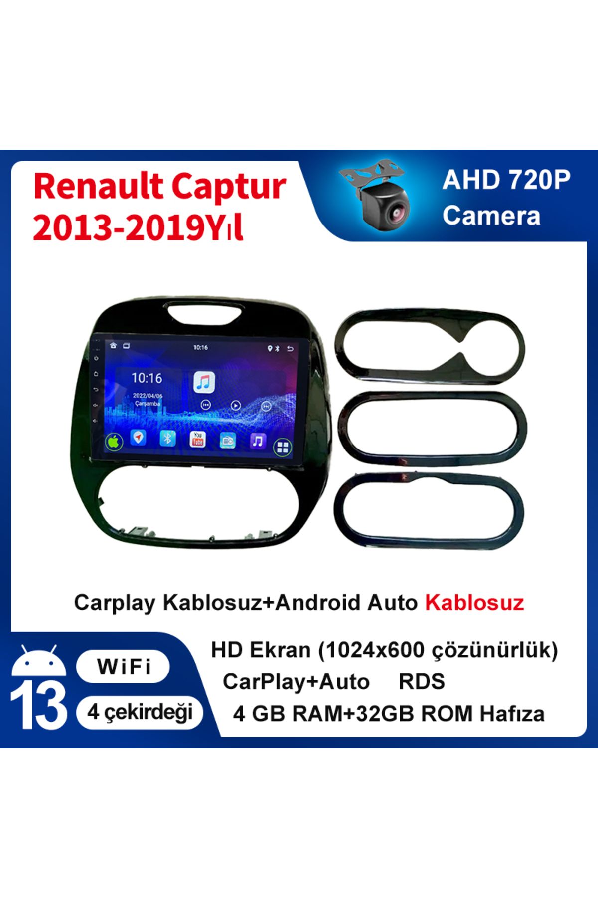 coni Renault Captur 2013-2019Yıl 4GB Ram 32GB Rom Multimedya Kablosuz Carplay Navigasyon kamera hediye