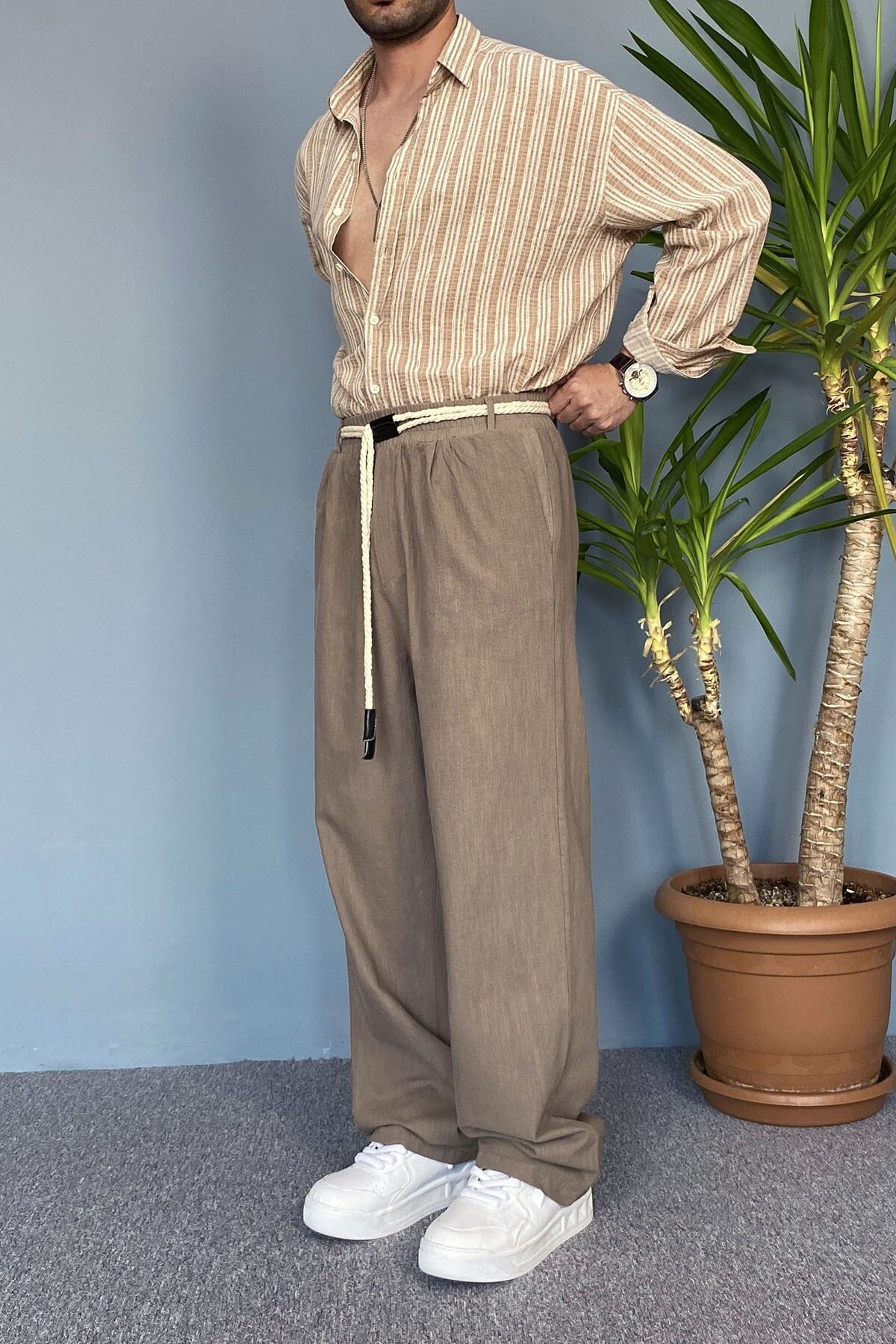 Alışveriş Sokağı Rahat Kesim Keten Kumaş Bağcıklı Baggy Pantolon