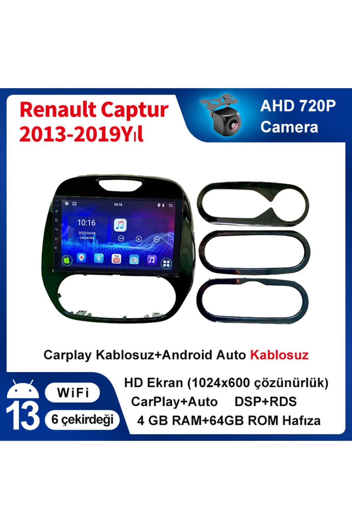 CONION Renault Captur 2013-2019Yıl 4GB Ram 64GB Rom Multimedya Kablosuz Carplay Navigasyon kamera hediye
