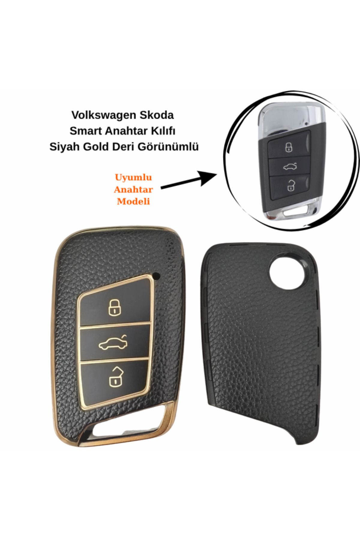 maxisepet Volkswagen Arteon Smart Anahtar Kılıfı Siyah Gold Deri Görünümlü