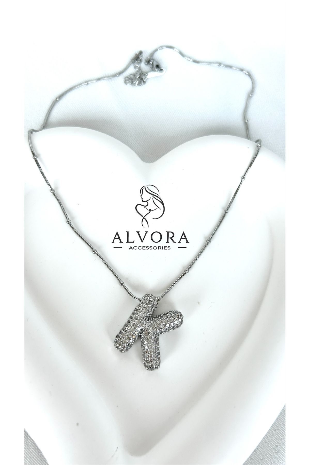 Alvora Accessories K Harfi Paslanmaz Çelik Zirkon Taş Detaylı Harf Kolye