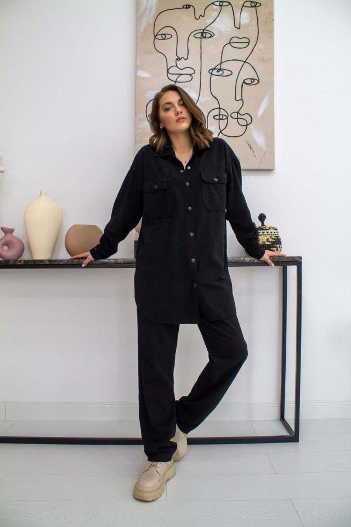 MAREANDPANDA Siyah Yıkamalı Gömlek Ve Pantolon Takım