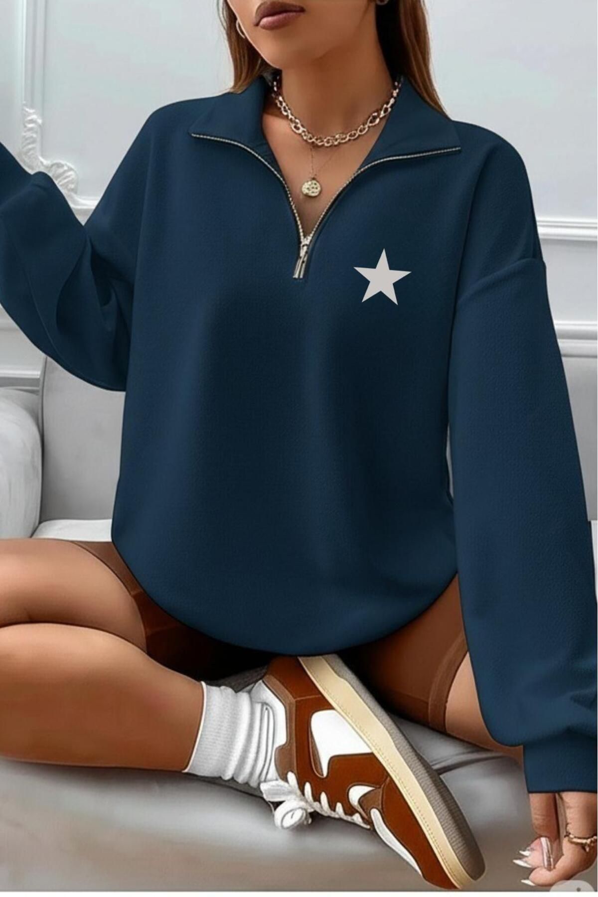 NO 601 Kadın Yarım Fermuarlı Dik Yaka Kırmızı Kalp Baskılı Sweatshirt