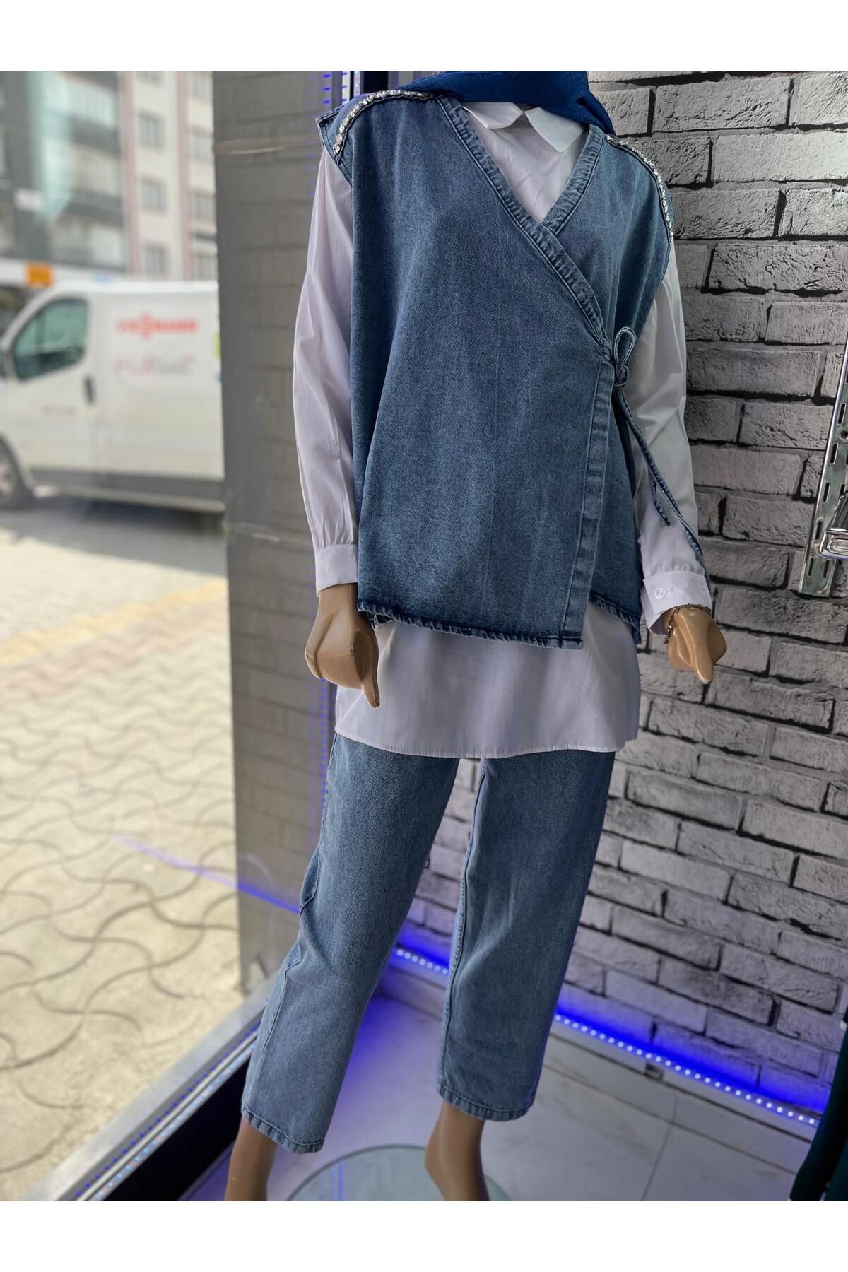 MODA VİSAL Kot takım, Yan bağlamalı taş detaylı kot yelek, gömlek, pantolon ÜÇLÜ TAKIM
