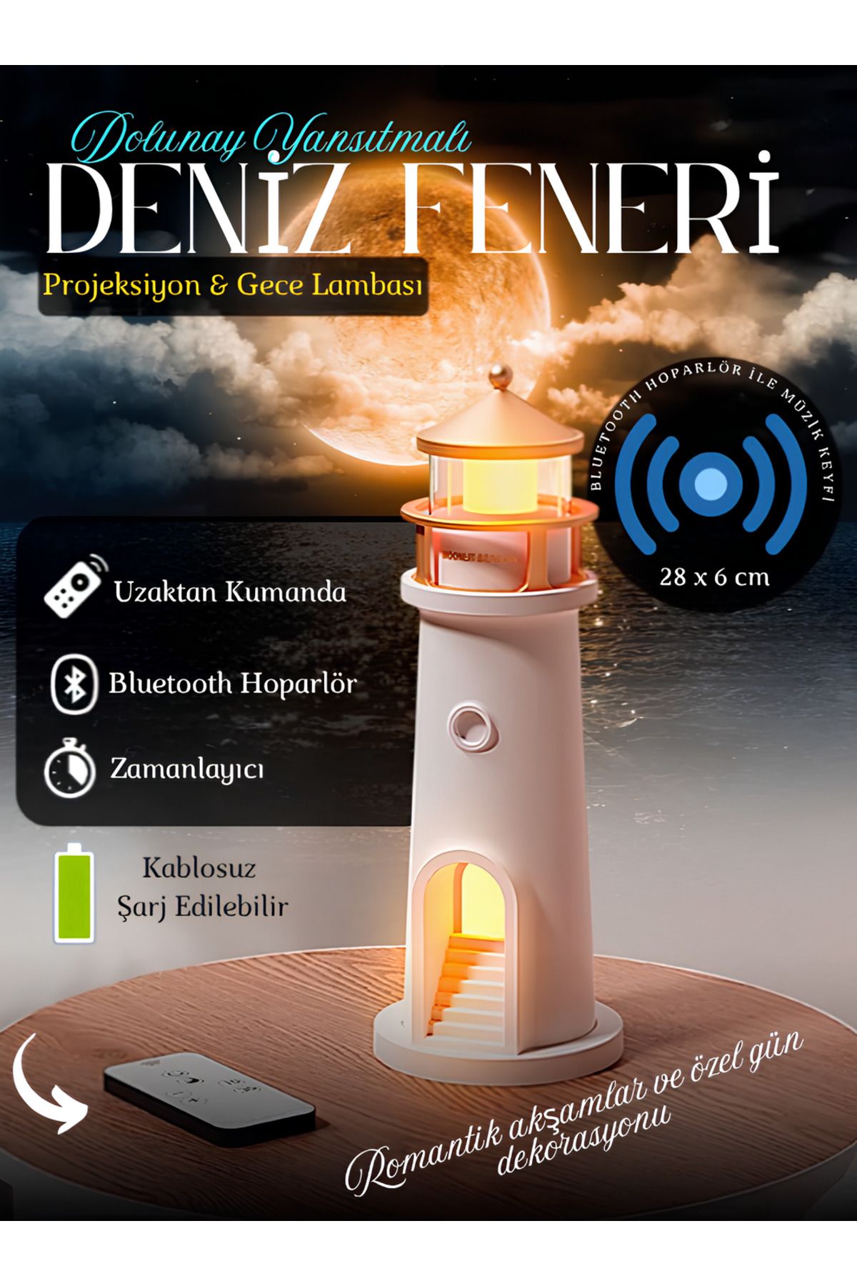 nextbuy Deniz Feneri Projeksiyon Gece Lambası Ay Yansıtmalı Bluetooth Hoparlör Şarjlı LED Işık Aydınlatma