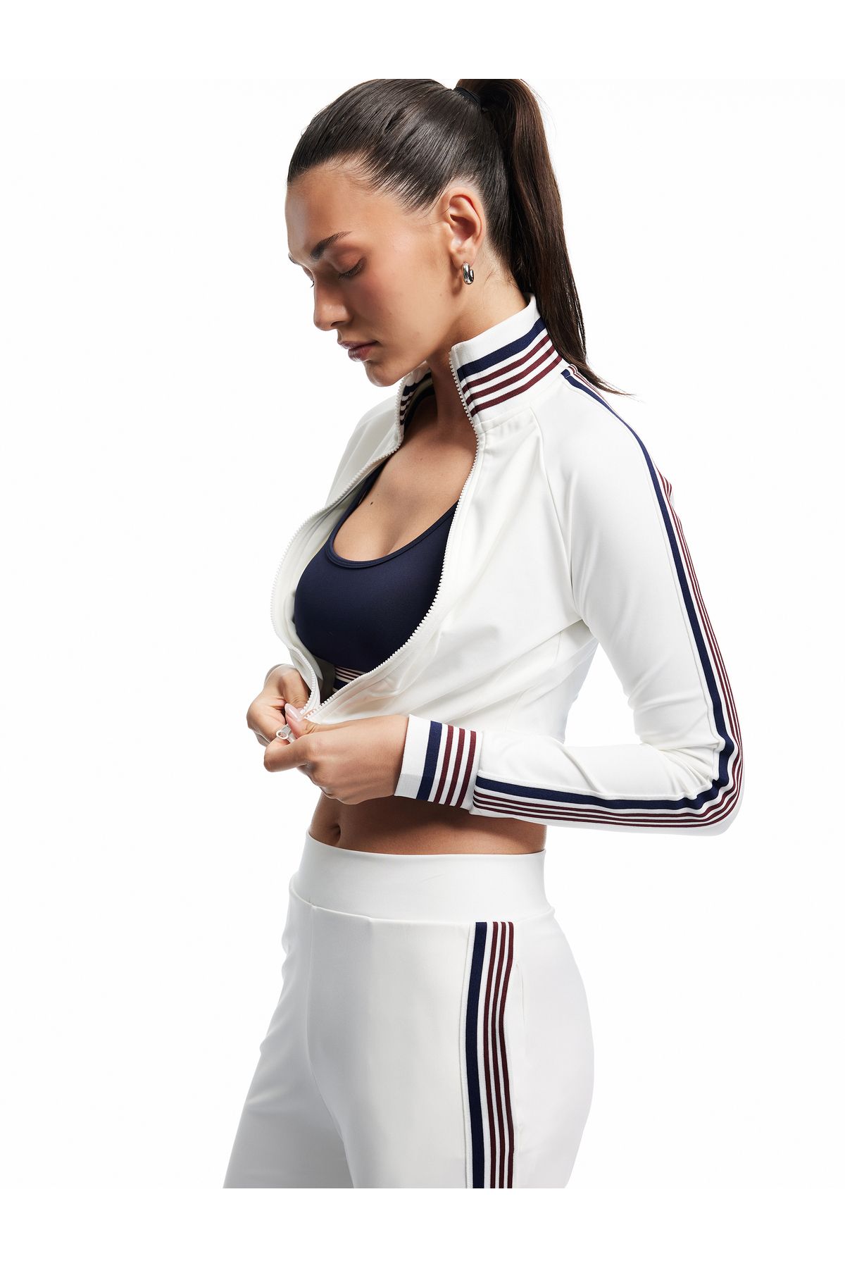 Koton Dik Yaka Çizgili Uzun Kollu Fermuarlı İnterlok Asimetrik Spor Sweatshirt