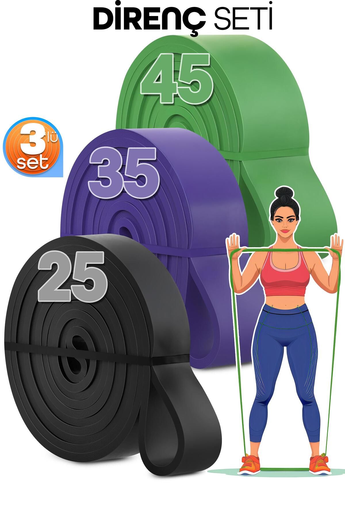 Venenon 25 + 35 + 45 KG 3'lü SET Barfiks Lastiği Gym Resistance Band Antrenman Kas Geliştirme Bandı