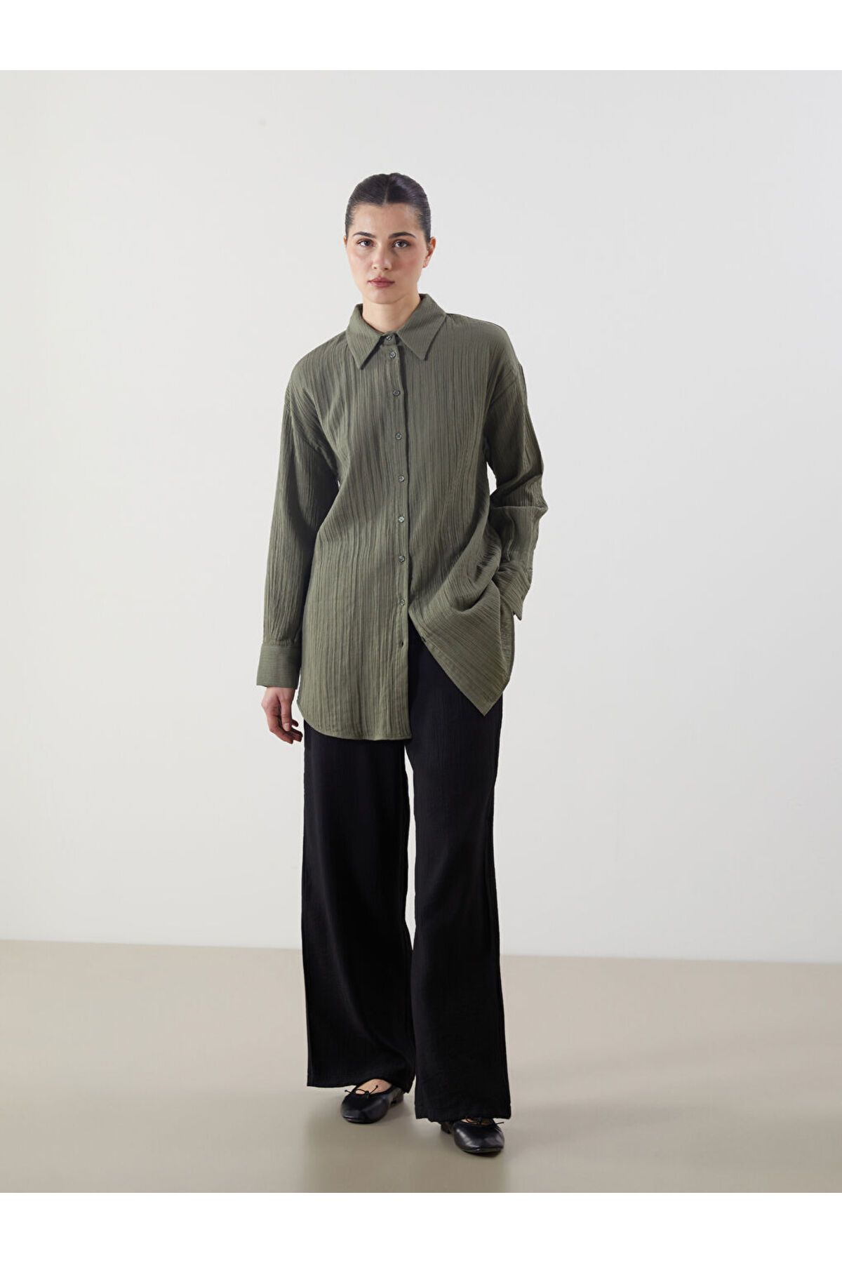 LC Waikiki LCW Modest Siyah Beli Lastikli Dokulu Kadın Pantolon S5MR53Z8NVY25