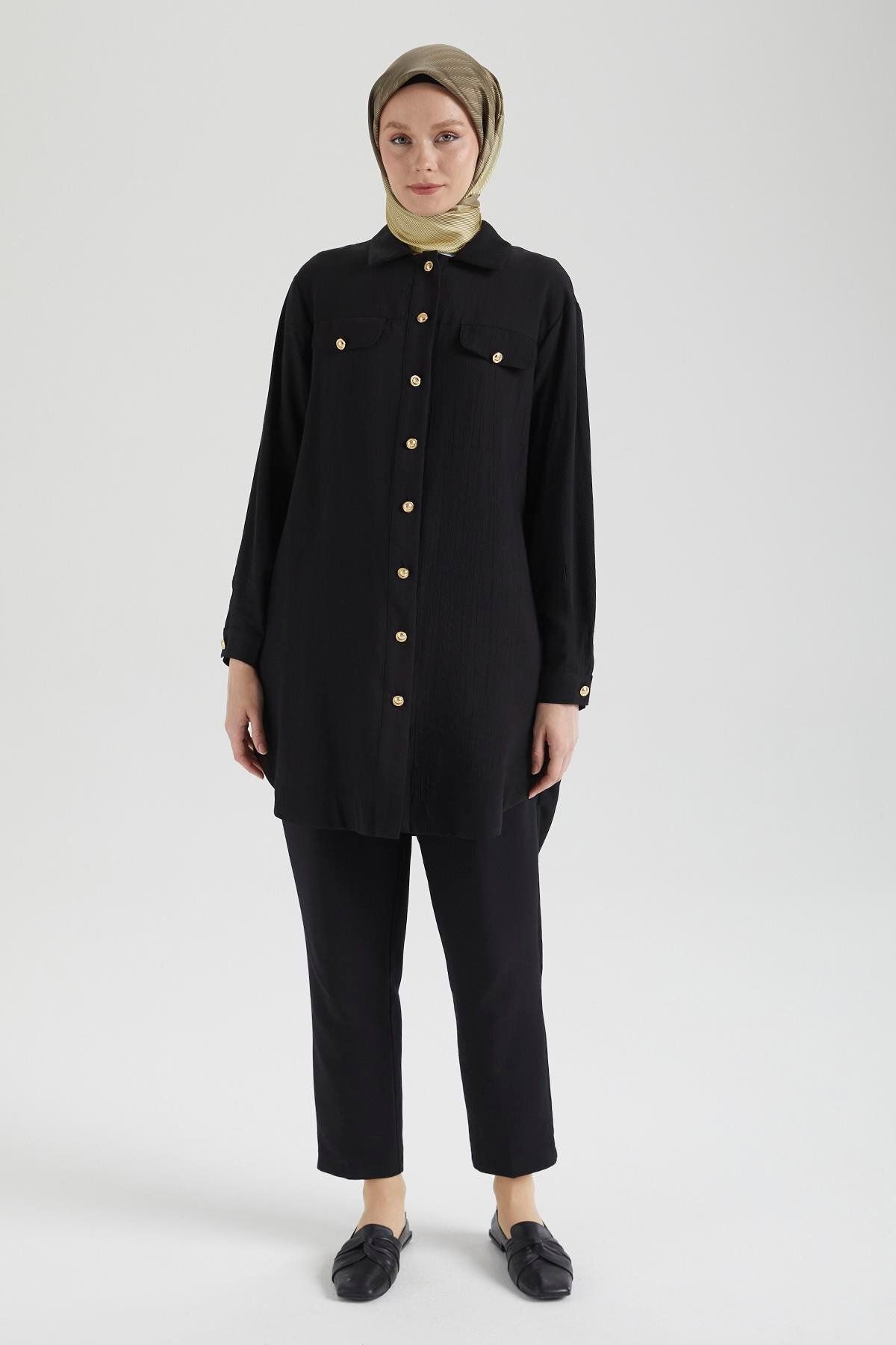 Armine TREND ARMİNE TREND Cep Detaylı Düğmeli Tunik-Siyah 25YT4145