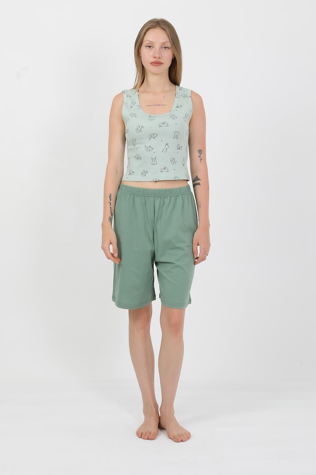 Akbeniz-Women's Thick Strap Cotton Combed Shorts Crop Suit Watergreen 3636 3