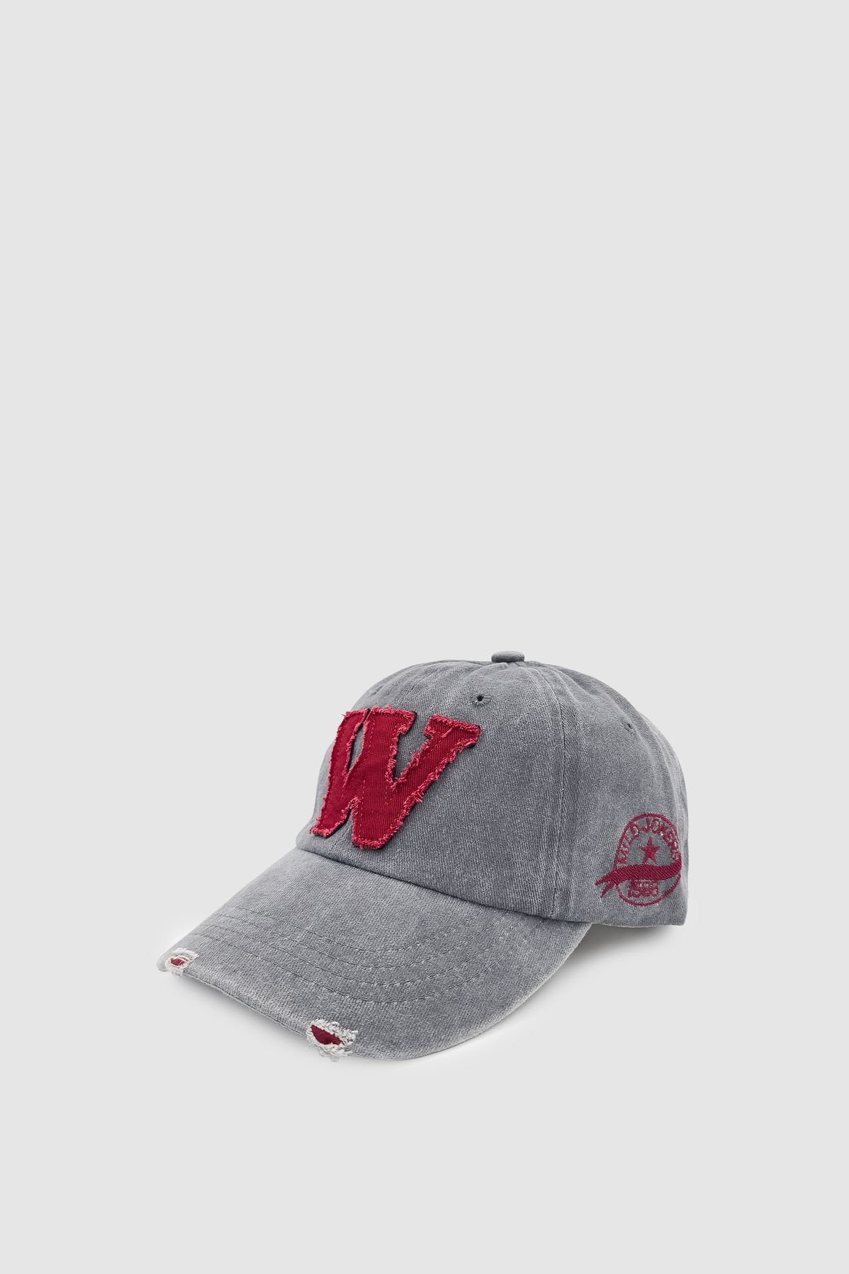 Wuclo Vintage Tarz Yıpratmalı W Nakışlı Unisex Spor, Günlük ve Outdoor Şapka / Kep Gri