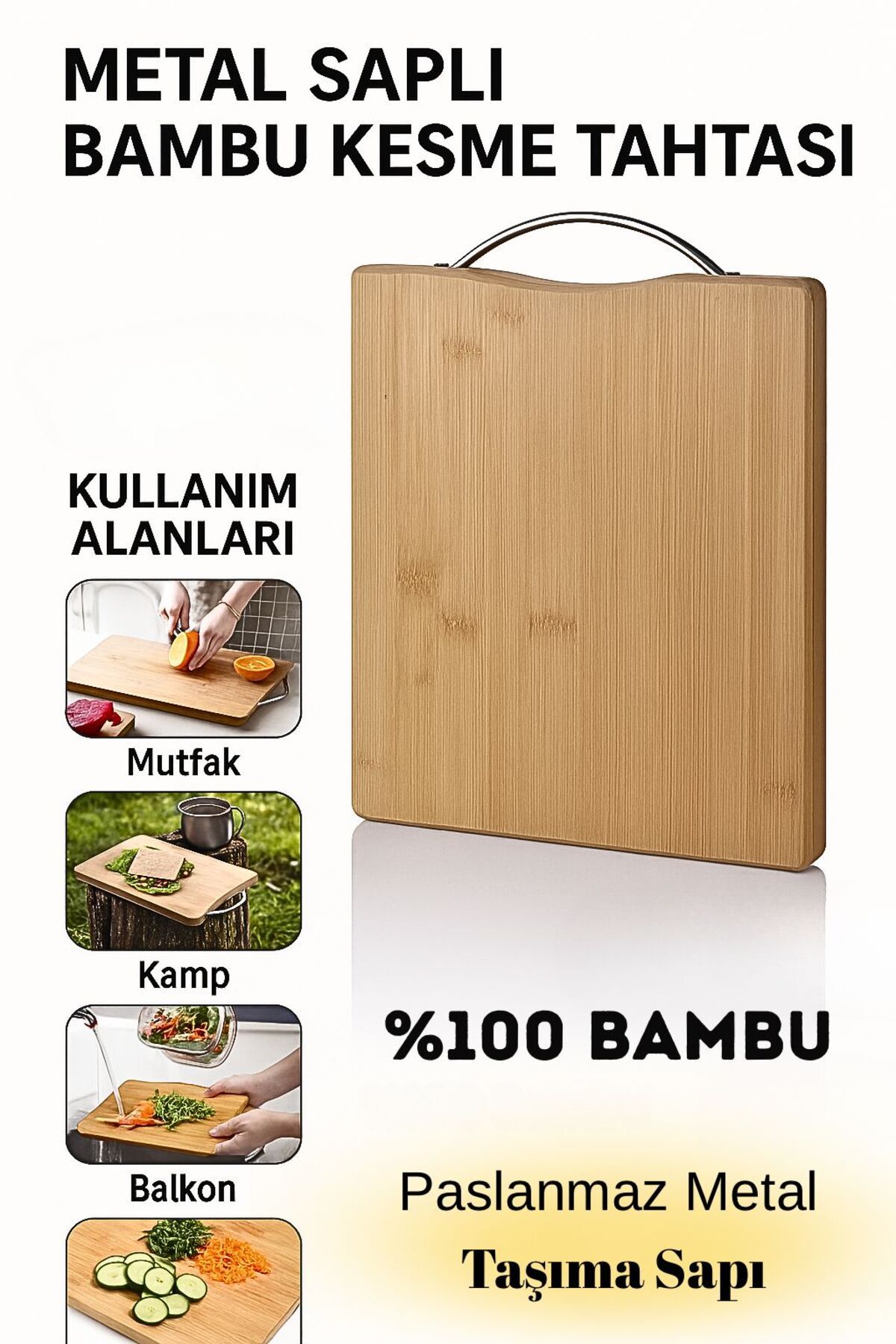 Kelepir Fırsatlar Metal Tutacaklı Lüx %100 Bambu Kesme Tahtası