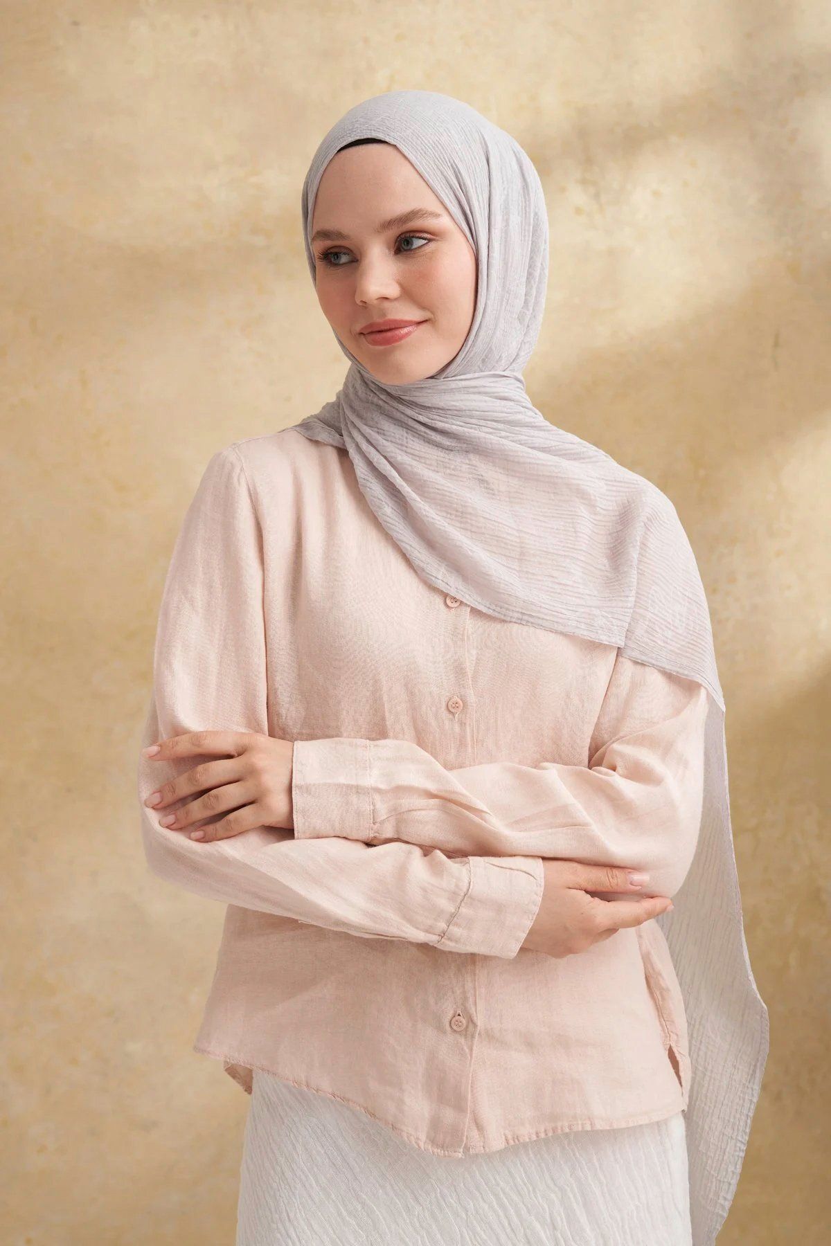 ARMANDA Müslin Yaprak Desen Şal 3351-311 Gümüş