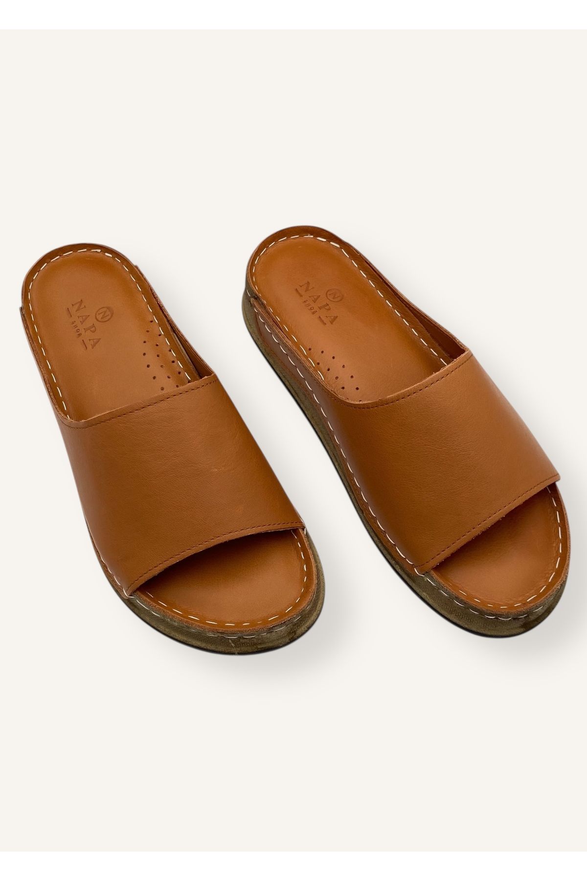 N Napa Shoe Taba Renk Ortopedik Taban Hakiki Deri Kadın Terlik
