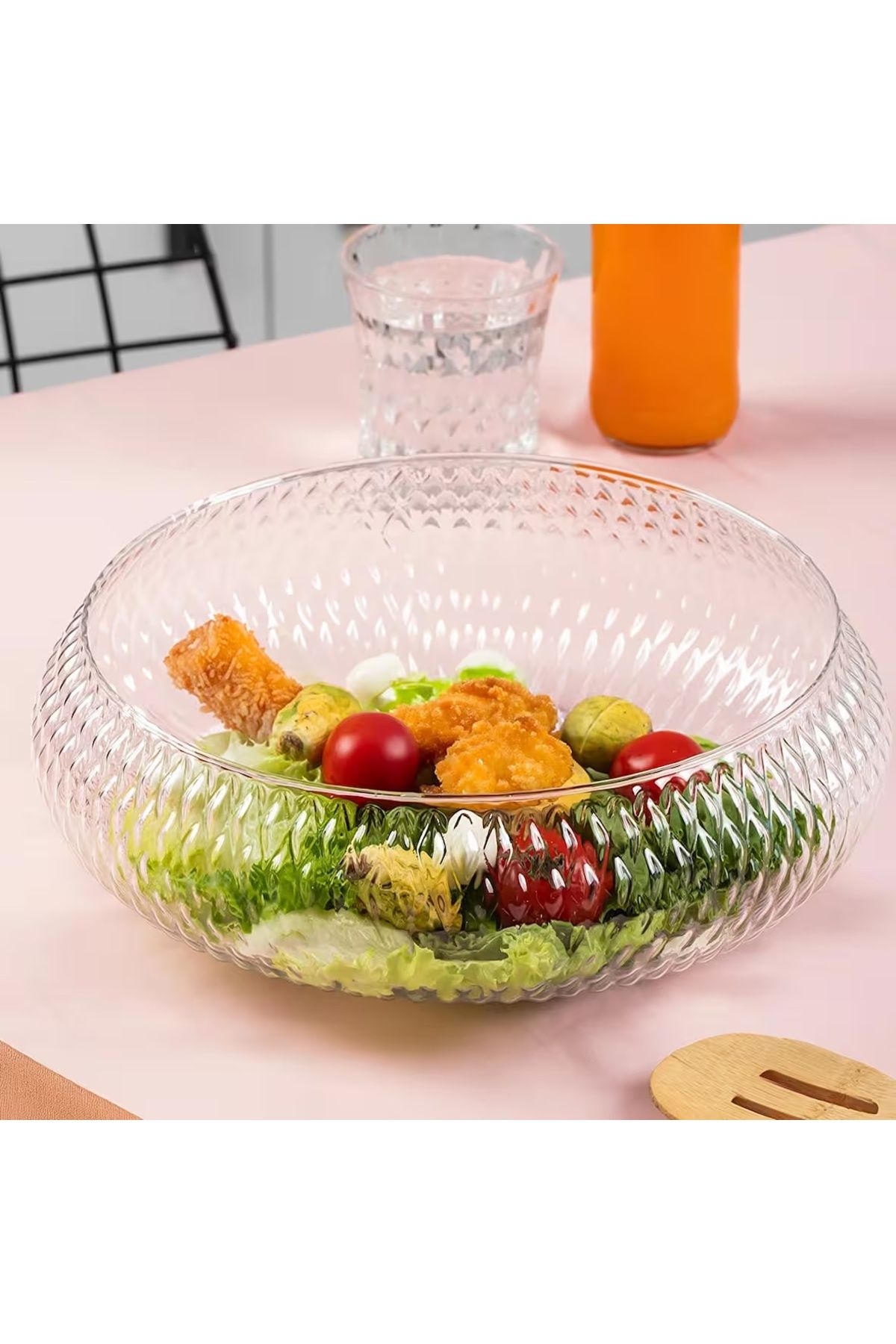 Nesnel Gift Rustik Salata Kasesi - Büyük Boy 26 cm Cam Salata Meyve Makarna Sunum Kasesi - El Yapımı