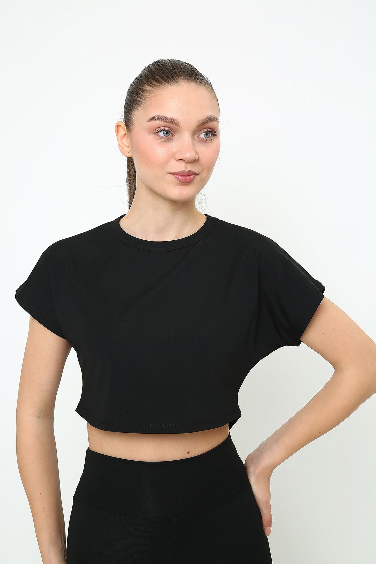 OPENDO Yarasa Kol Bisiklet Yaka Crop T-Shirt