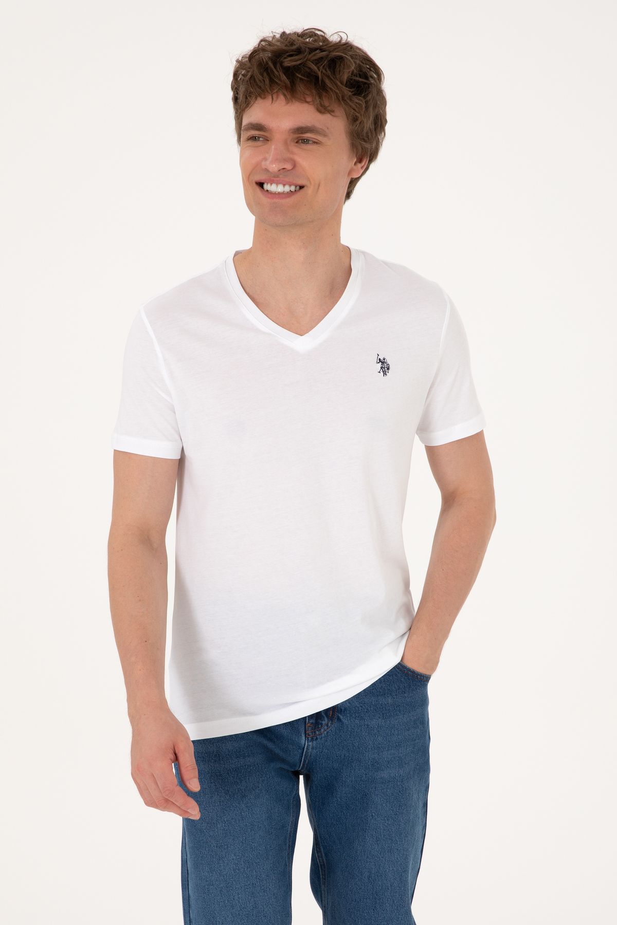 U.S. Polo Assn. Erkek Slim Fit V Yaka Beyaz Basic Tişört 50297985-VR013