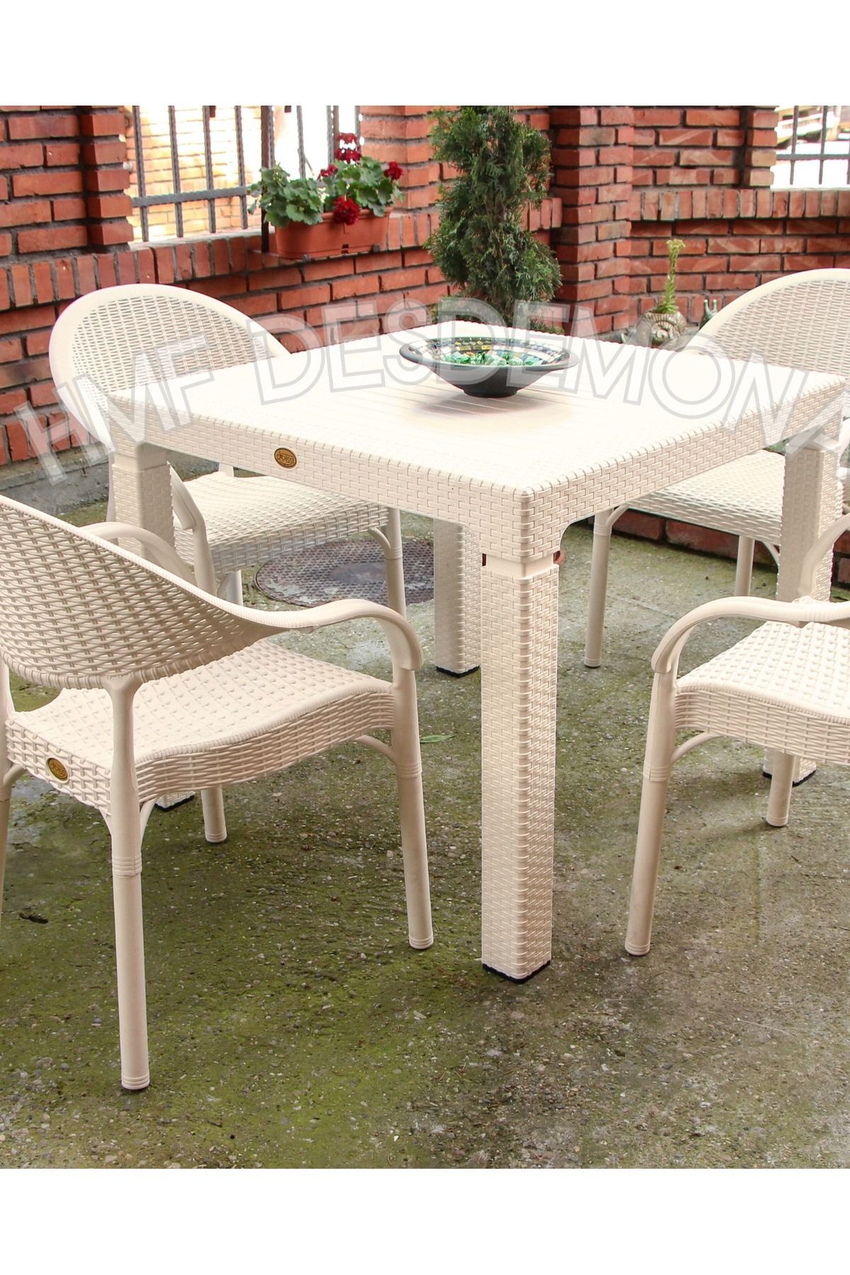 HMF DESDEMONA Bambu Rattan Plastik Sandalye ve Masa Set 4+1