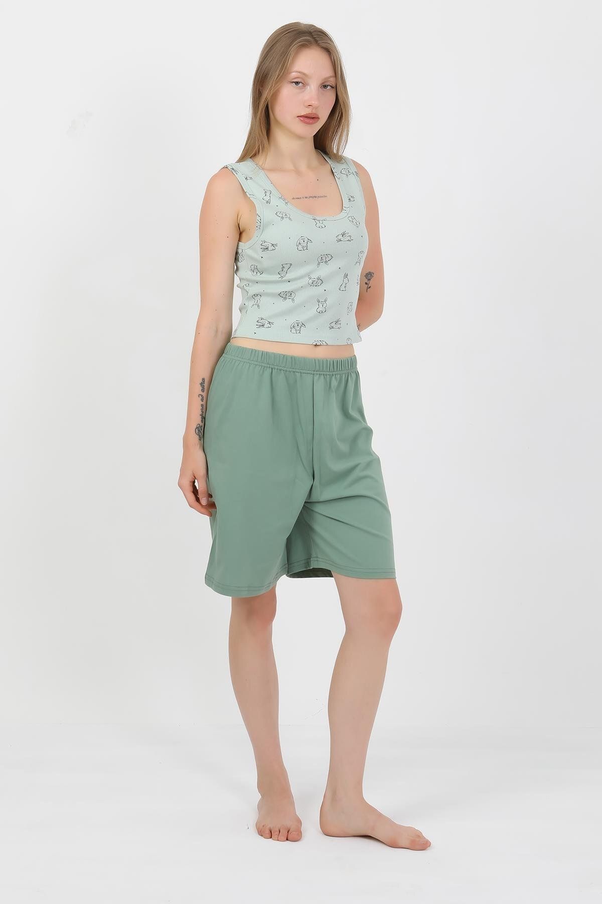 Akbeniz-Women's Thick Strap Cotton Combed Shorts Crop Suit Watergreen 3636 8