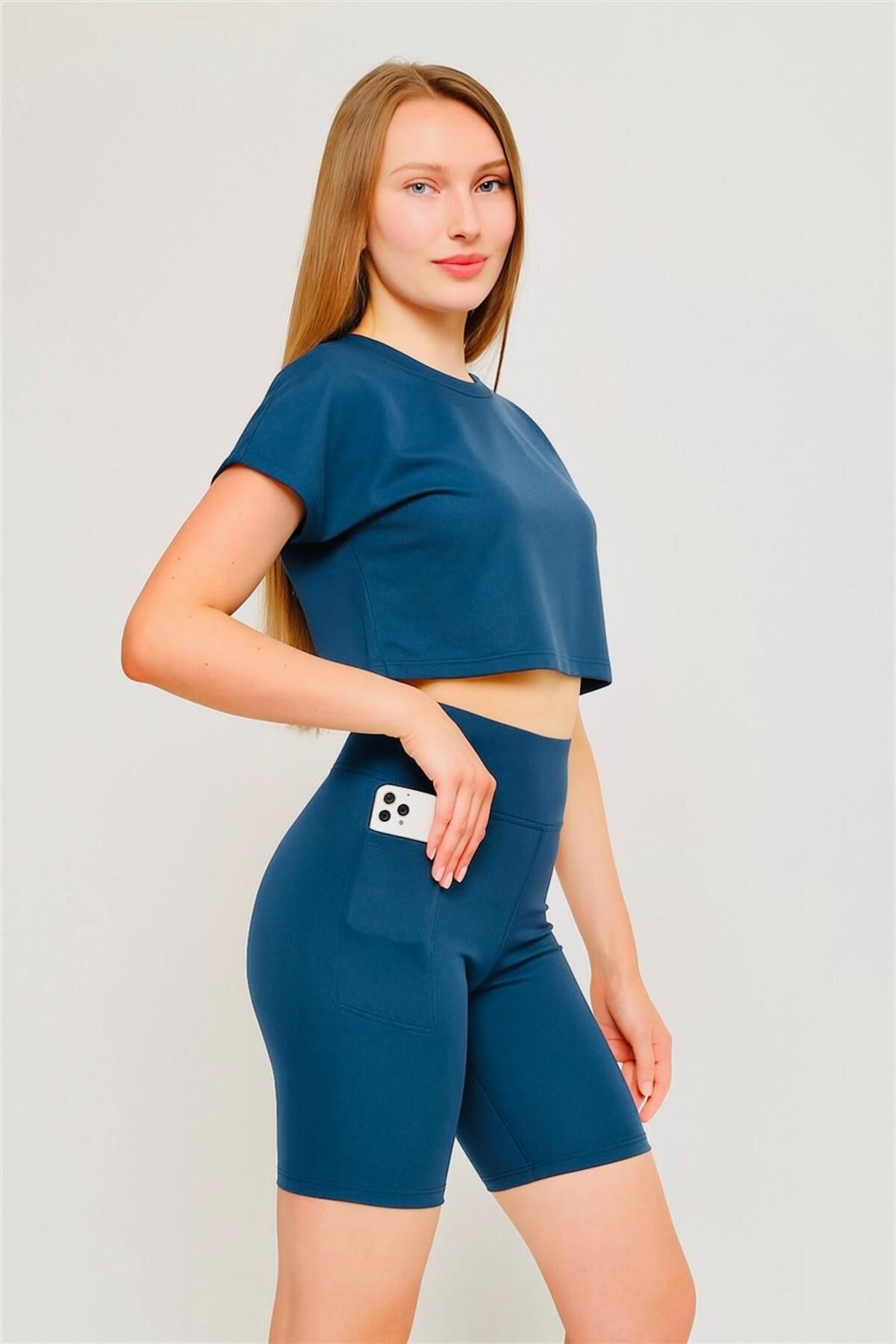 OPENDO Yarasa Kol Bisiklet Yaka Crop T-Shirt