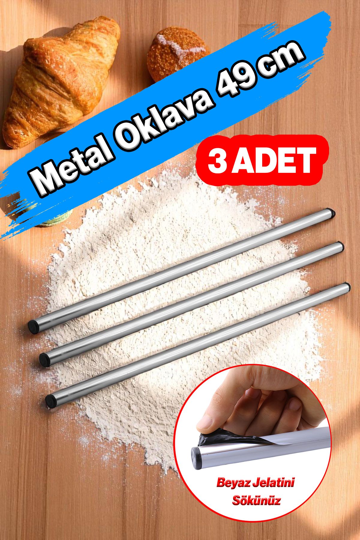 Badem10 (3 Adet) Alüminyum Silindir Yuvarlak Metal Oklava ( 49 cm ) Mutfak Börek Hamur Un Yufka Açma Krom